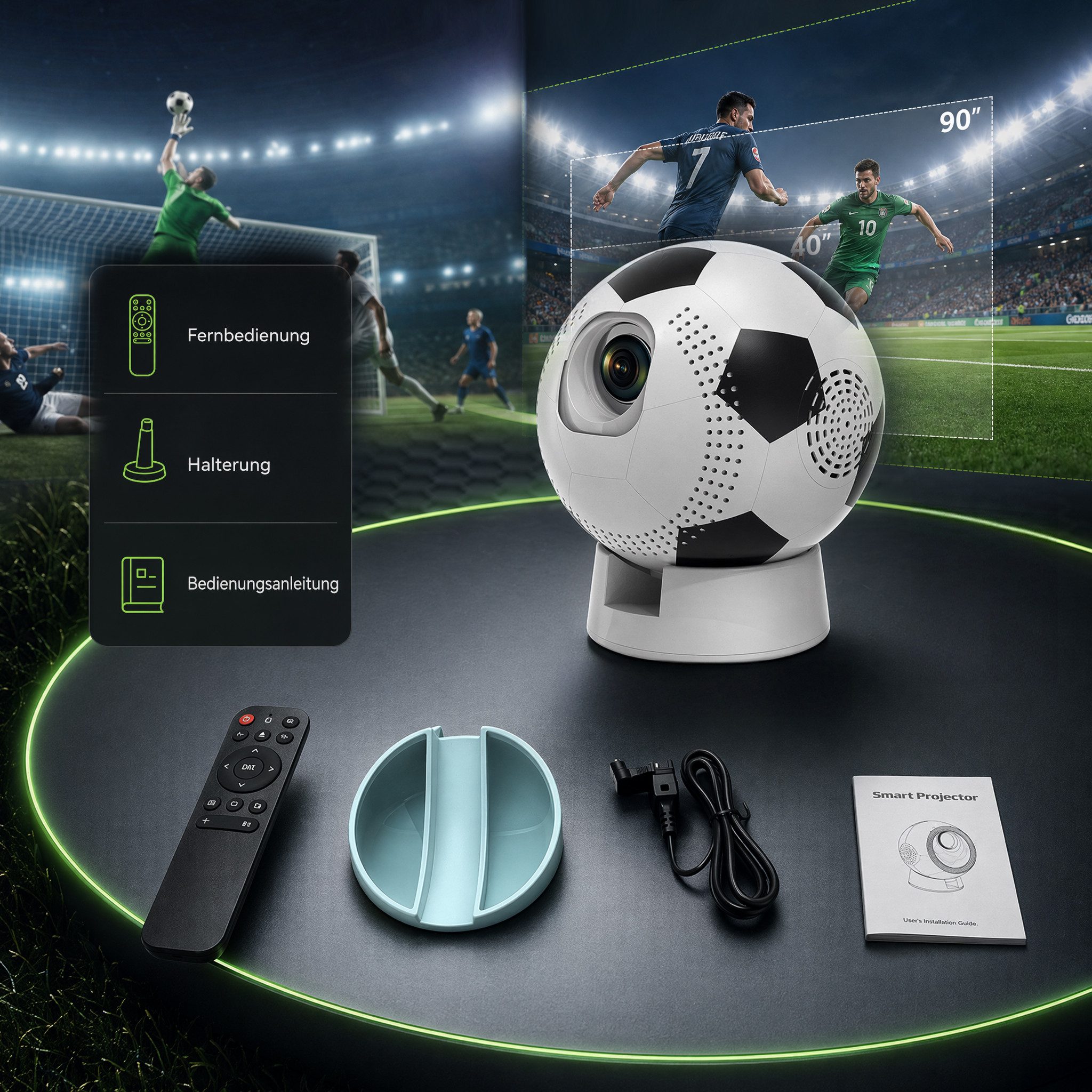 Kityhome 4K 1080P WiFi FOOTBALL PROJEKTOR Mini-Beamer (3000 lm, 1080p px, Hochauflösende Anzeige,Fußballform)