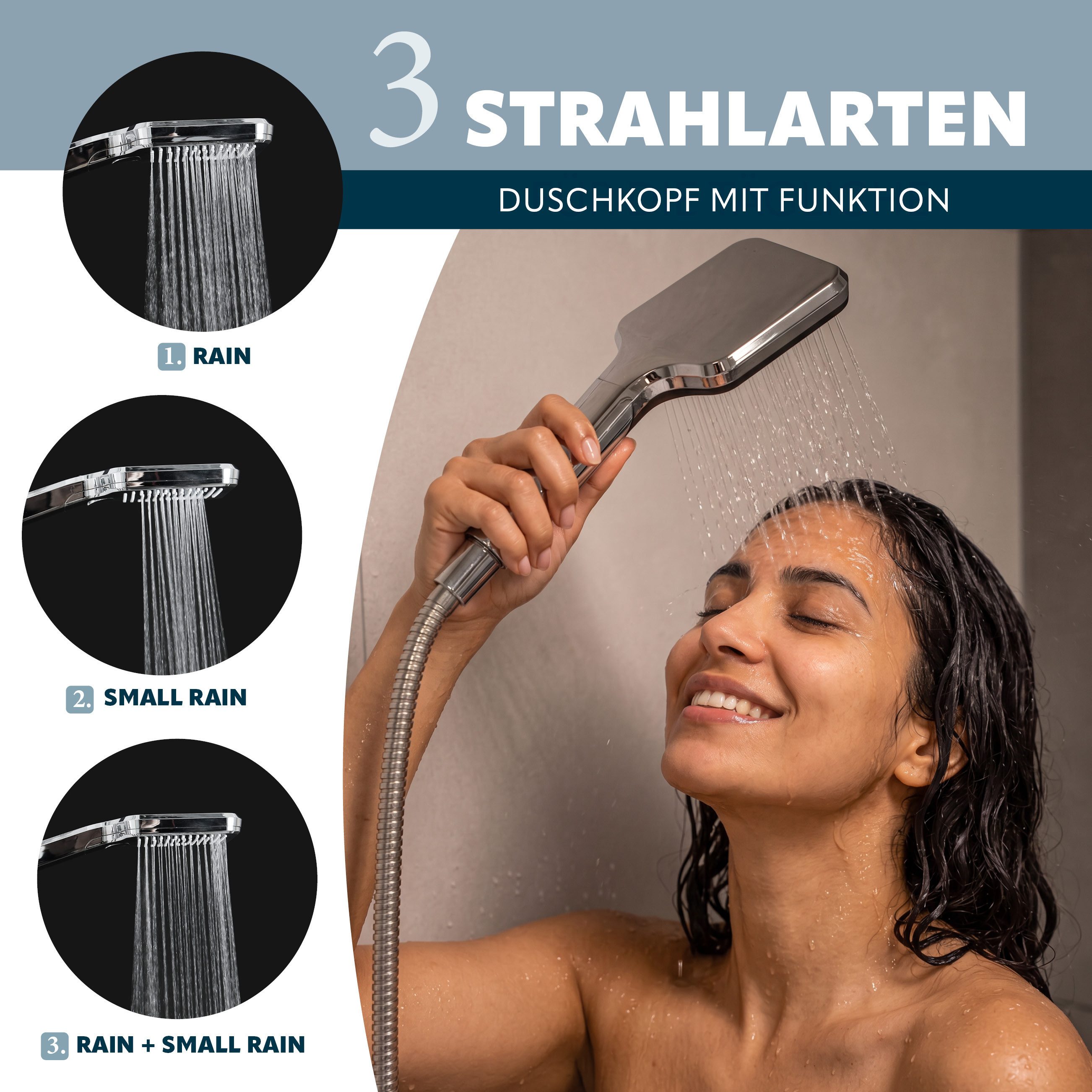 eluno Handbrause eckig, inkl. Edelstahl Brauseschlauch 1,5m, (2-tlg., Handbrause, Schlauch)