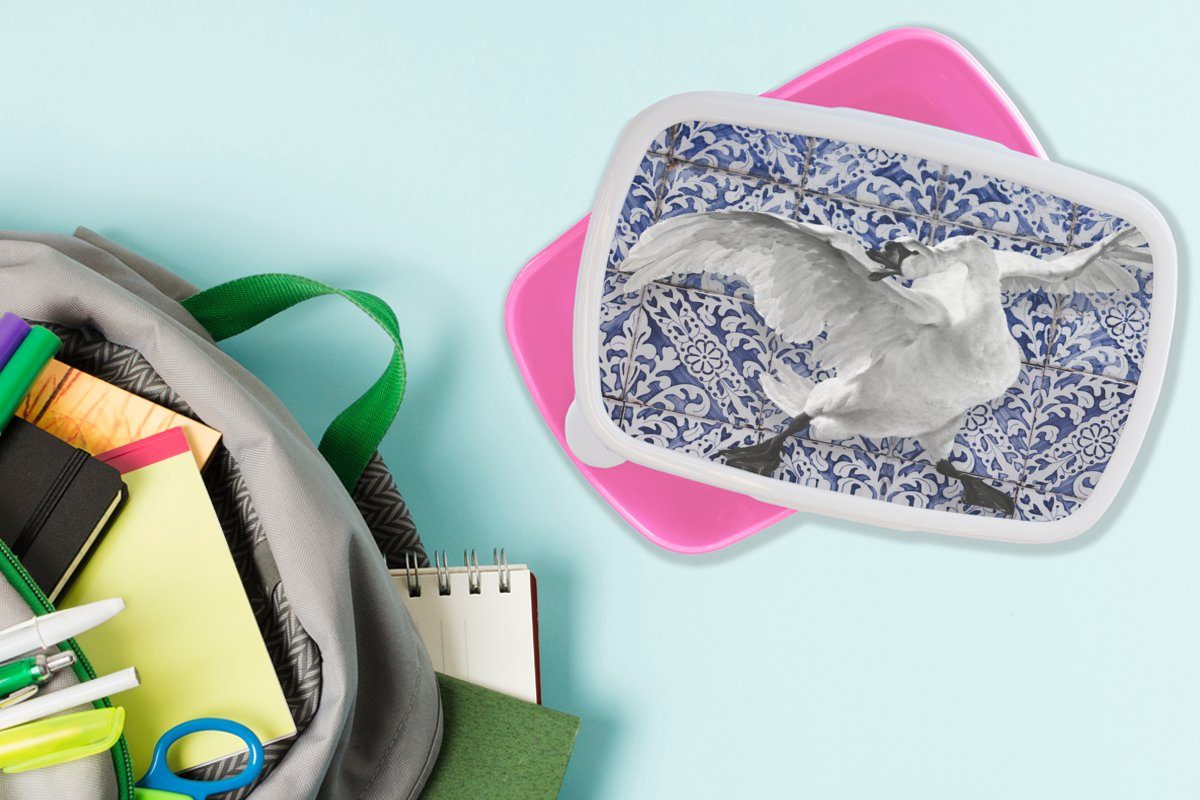 Meister, Mädchen, (2-tlg), Brotdose Brotbox Schwan Snackbox, - Erwachsene, rosa Malerei Kunststoff Delfter - Blau Kunststoff, Kinder, Alte Lunchbox - MuchoWow - für Kunst
