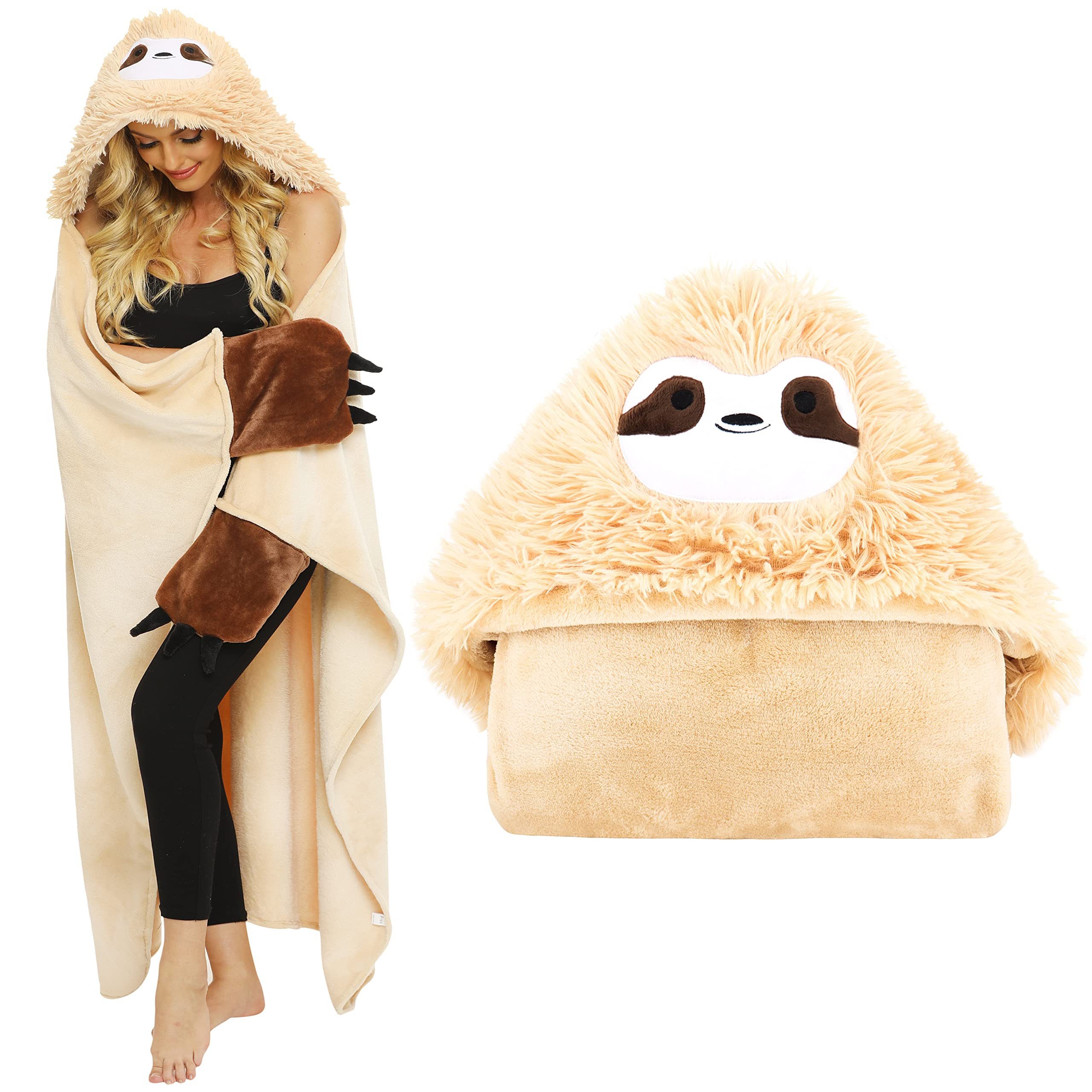 Wohndecke Faultier Kuscheldecke mit Kapuze – Geschenk für Frauen, FOUORTUNATE-BEE, Plüschige Hoodie-Decke als TV- & Sofadecke im Winter