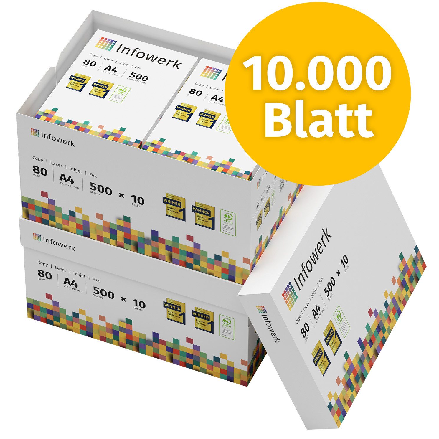 Infowerk Druckerpapier Kopierpapier 10000 Blatt A4 80g Premium Weiß Testsieger PEFC