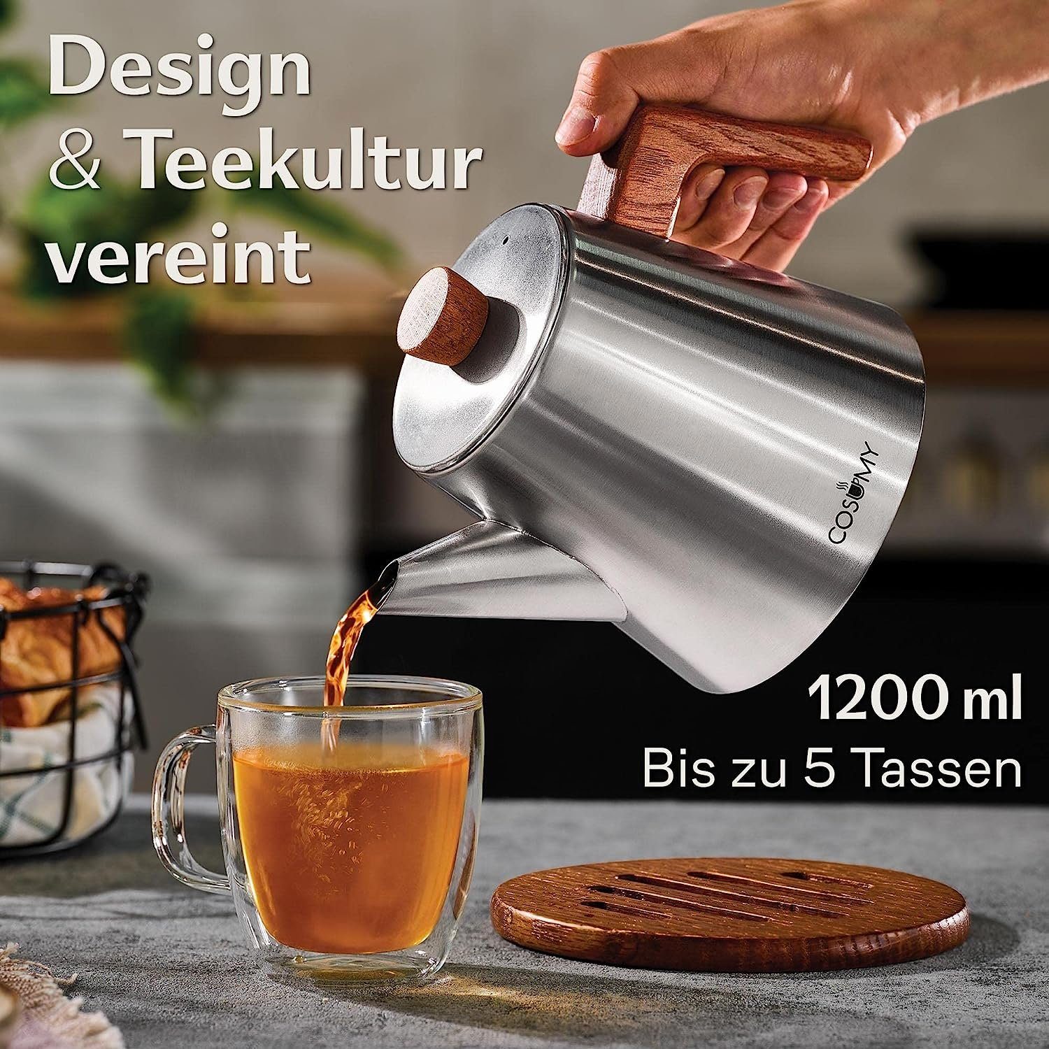 Cosumy Teekanne mit Siebeinsatz und Untersetzer - Edelstahl & FSC Holz - Induktion, 1,2 l, (Set, 1-St., Teekanne mit Siebeinsatz und Untersetzer), Kanne mit Sieb für Tee - Induktion - Tropffrei - Hält lange warm