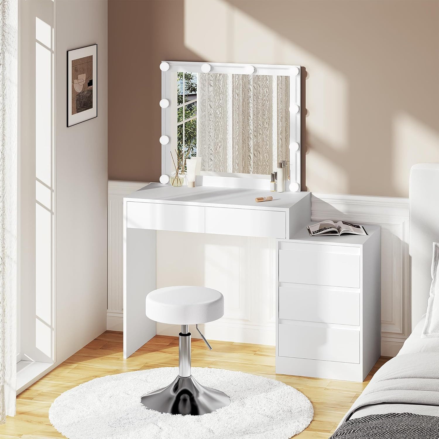 Woltu Schminktisch, mit Spiegel und höhenverstellbarer Hocker, 3 Lichtfarbe günstig online kaufen