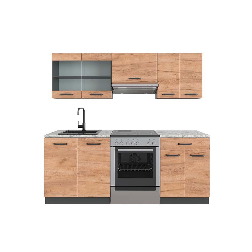 Vicco Küchenzeile R-Line, Goldkraft Eiche/Anthrazit, 200 cm, AP Marmor