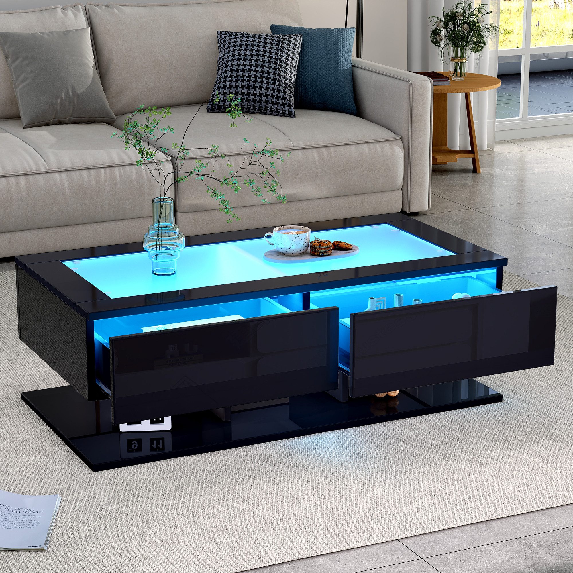 REDOM Couchtisch Hochglanz Couchtisch mit Glasplatte günstig online kaufen
