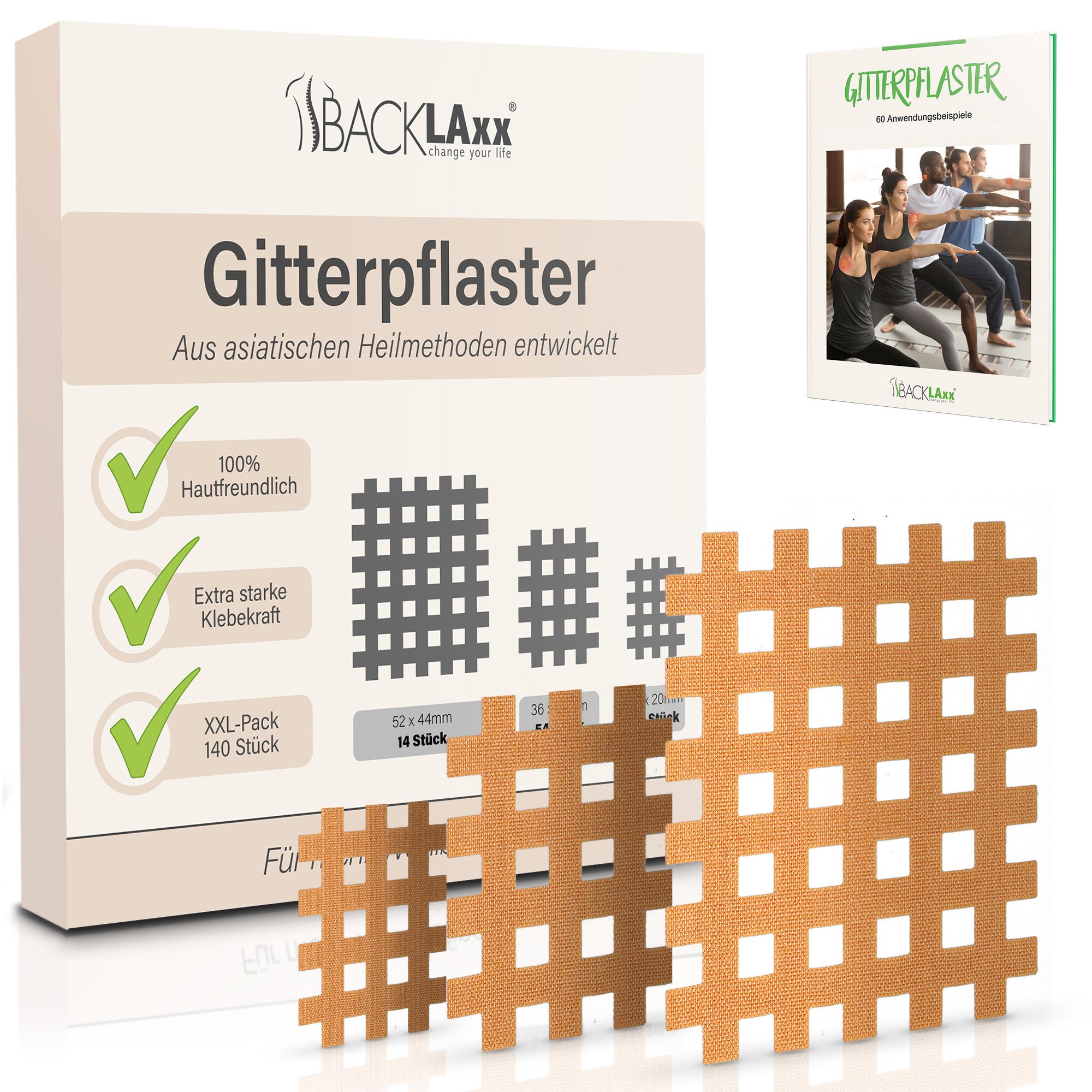 BACKLAxx® Kinesiologie-Tape Gitterpflaster Cross Tape Gittertape Kinesiotape (Typ a, b, c, 140-St) hautfreundlich, starke Haftung - für Alltag & Sport