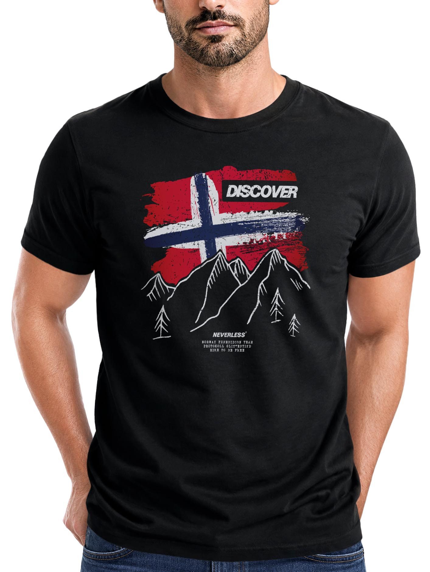 Neverless Print-Shirt Herren T-Shirt Norwegen Flagge Berge Discover Printshirt Outdoor mit Print