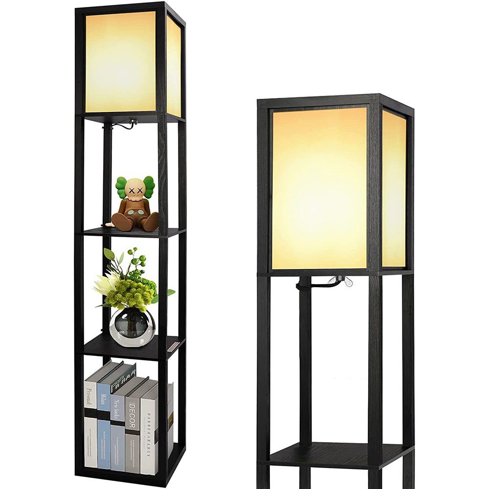 Sunicol LED Stehlampe Stehlampe aus Holz, Stehleuchte mit Regal, Holzablage mit E27 Fassung, Eckregal Regalbeleuchtung Retro für Wohnzimmer …