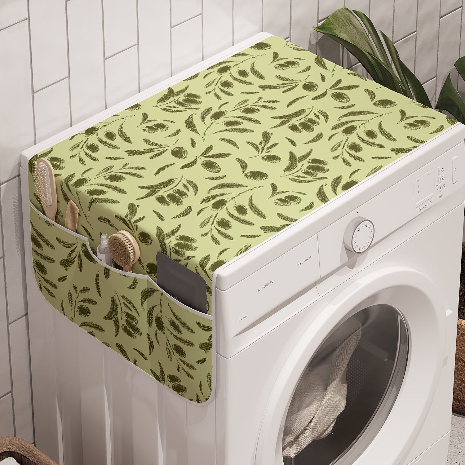 Abakuhaus Badorganizer Anti-Rutsch-Stoffabdeckung für Stil Waschmaschine Leaf Trockner, Olive Gravierte Botanisch und