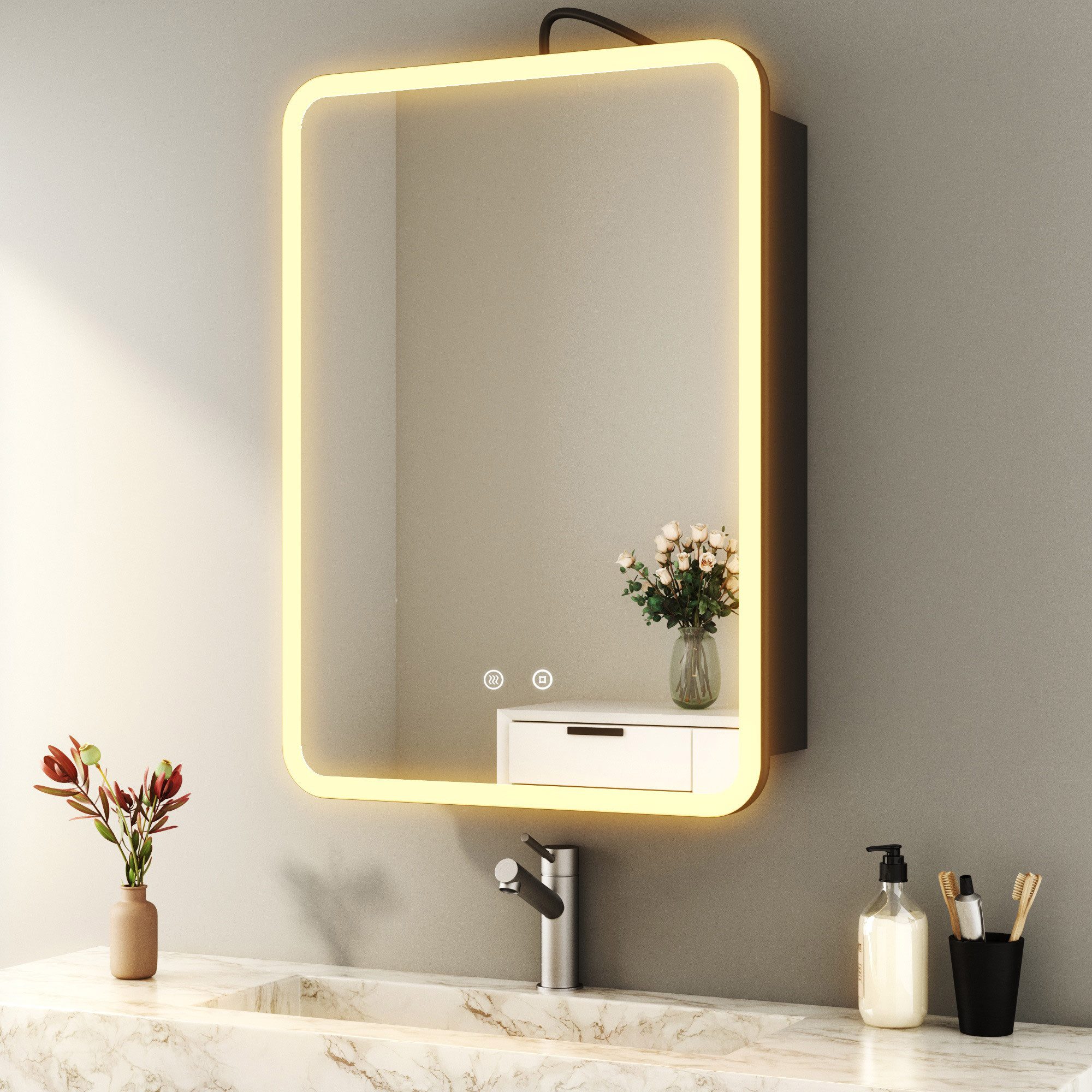 WDWRITTI Badezimmerspiegelschrank mit LED Beleuchtung Spiegelschrank Schwarz (80x60, 50x70, 40x60cm, Alu-Schranktür, Doppelseitiger Spiegel, 2Touch, Anti-fog, 3Lichtmodi, Dimmbar, Memory) mit Netzadapter, Verstellbare Glasboden