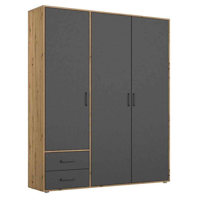 rauch Drehtürenschrank VOYAGER, Artisan Eiche Dekor, Grau Metallic, 3 Türen, 2 Выдвижные ящики, B 140 x H 194 x T 53 cm