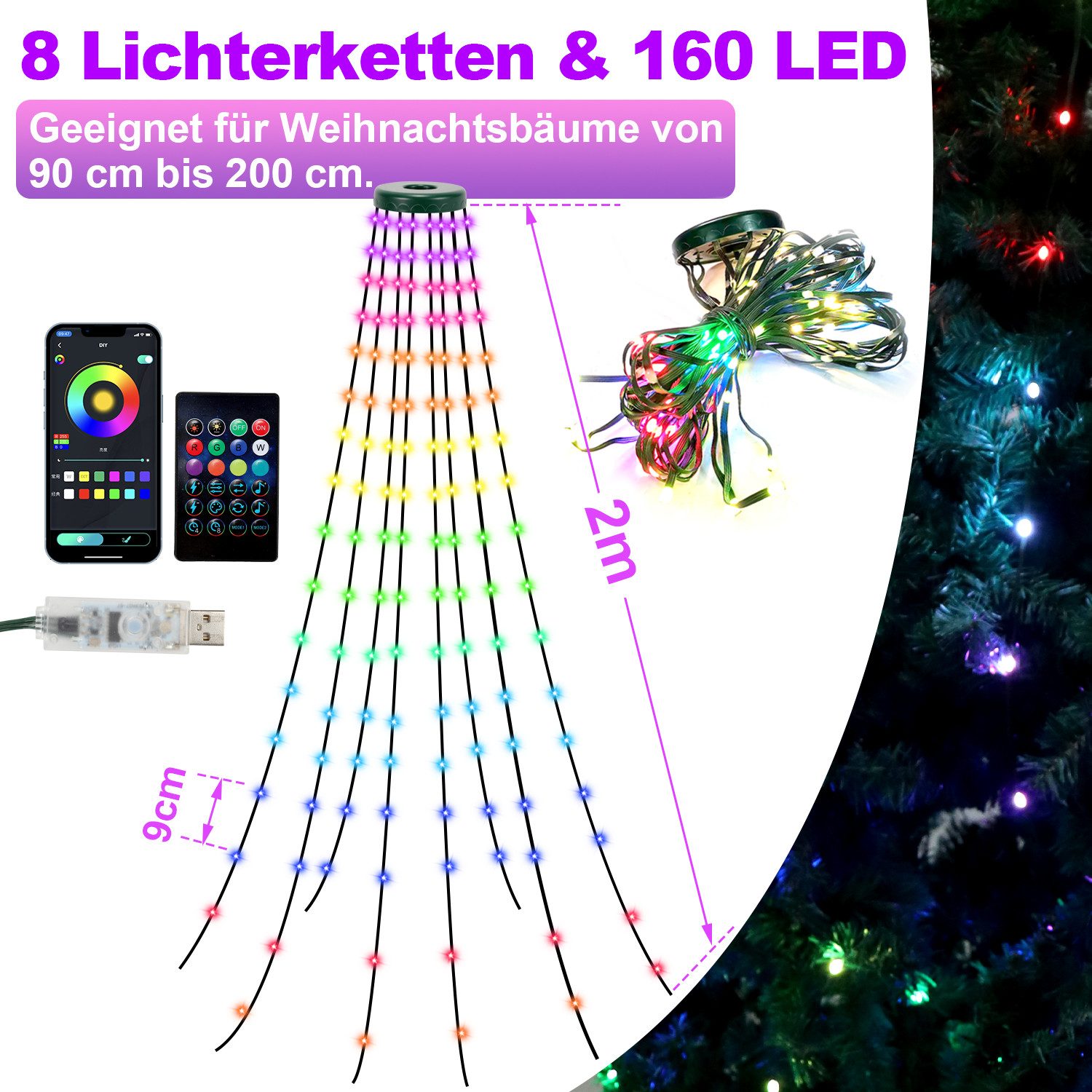 Clanmacy LED-Lichterkette LED Lichterkette Baum Deko Smart mit Fernbedienun günstig online kaufen