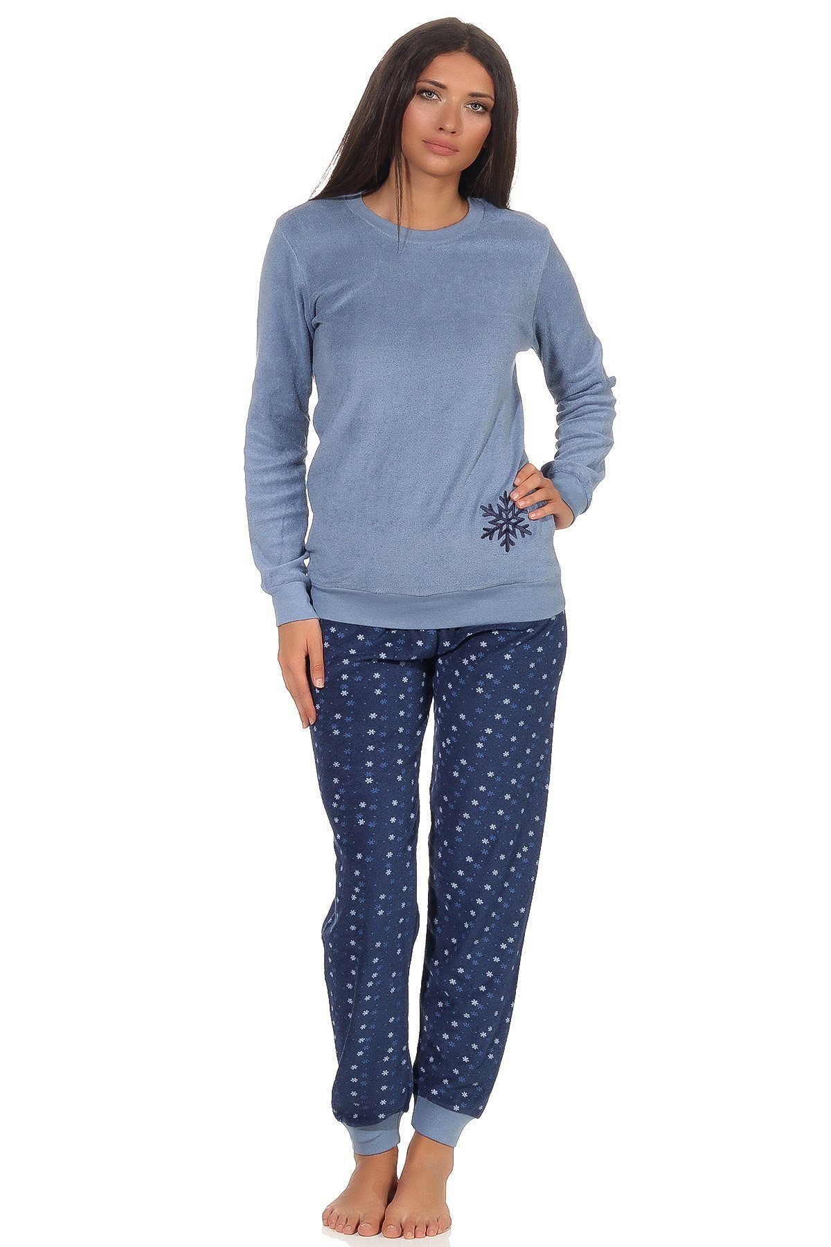 RELAX by Normann Pyjama mit Frottee Eiskristall Damen blau Bündchen Motiv Schlafanzug