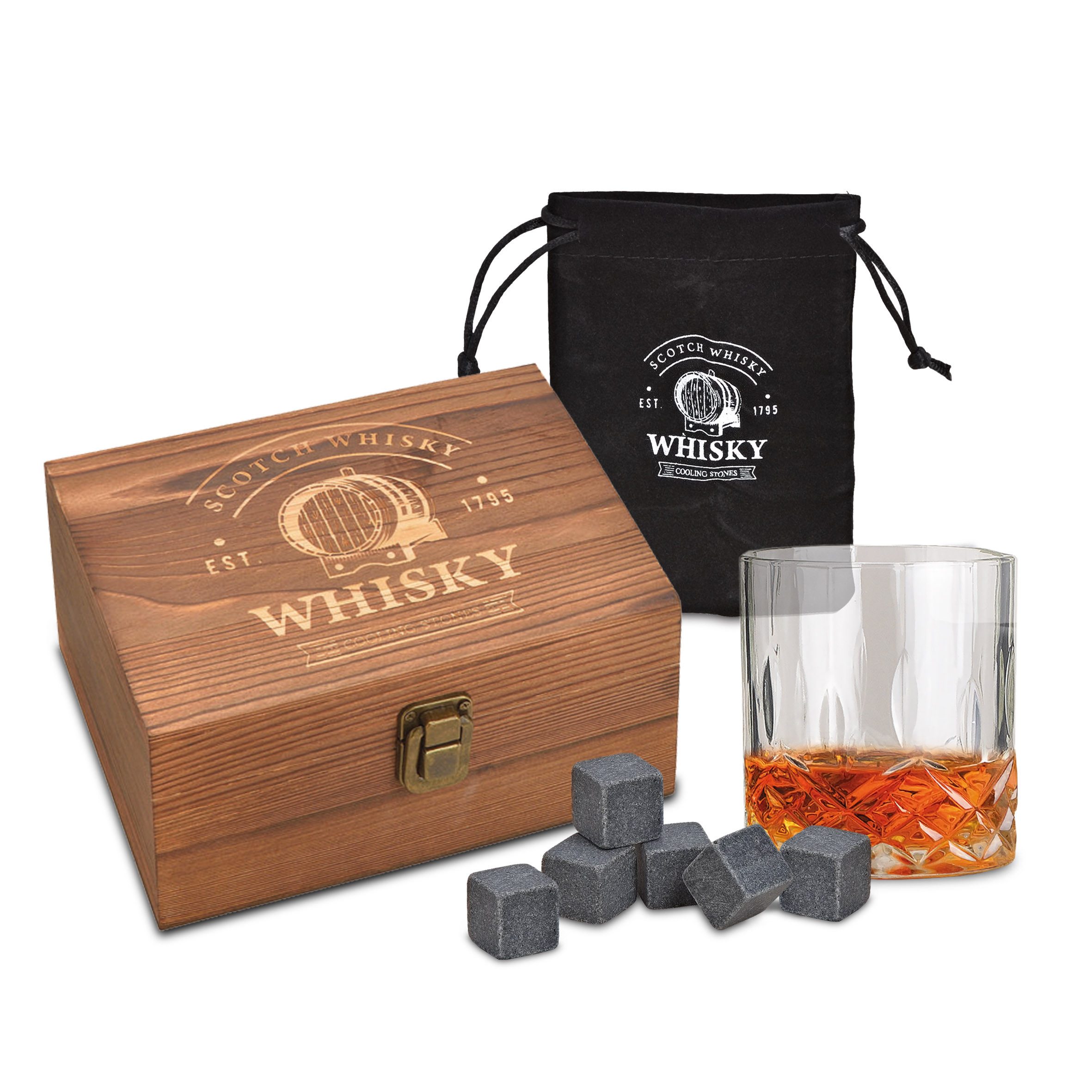 Woma Eiswürfel-Steine Basalt Whisky Steine Geschenk Set in edler Holzbox - 8-teilig, Wiederverwendbare Kühlwürfel mit Glas und Samtbeutel
