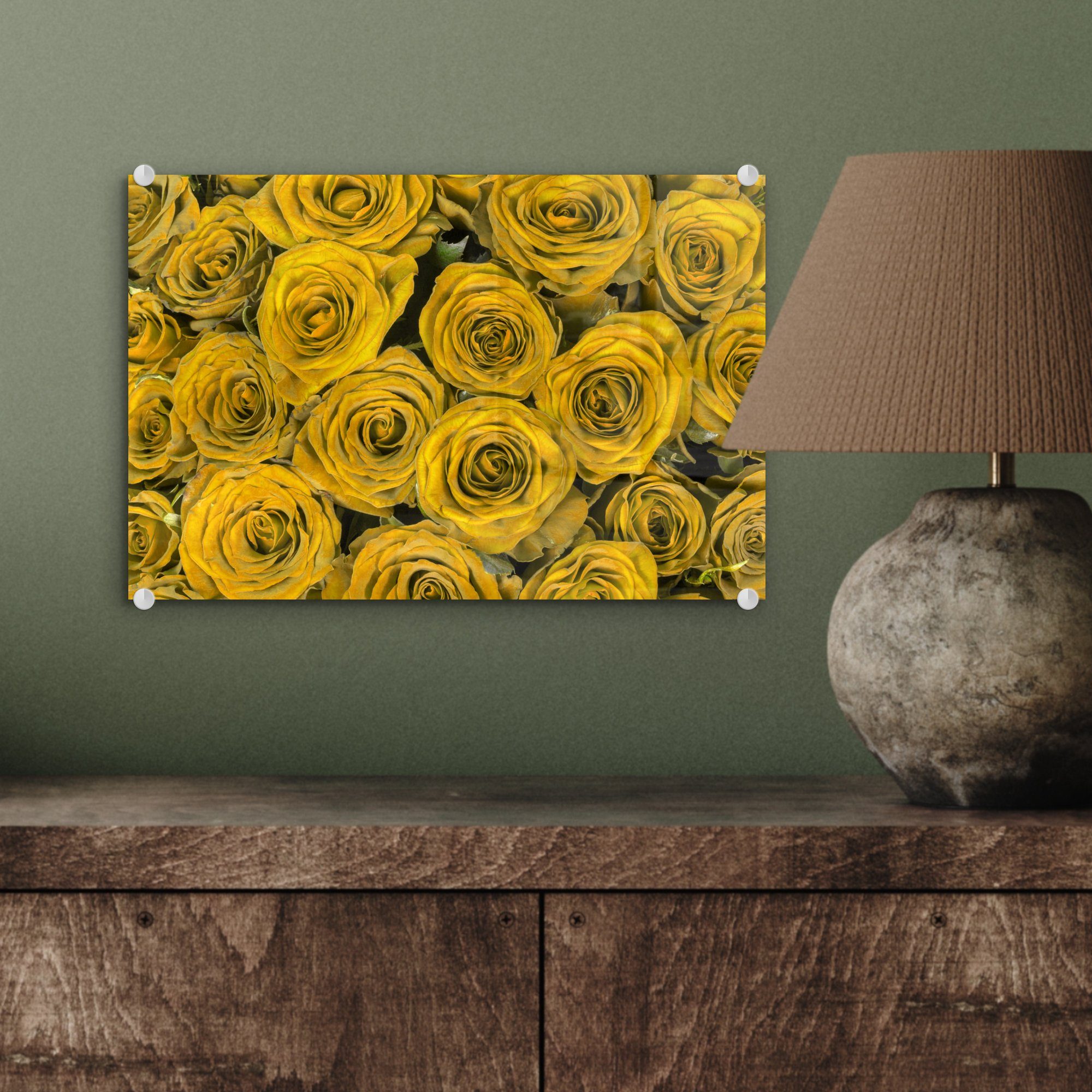 Blumenstrauß, auf Rosen - Wandbild Foto - Bilder auf Gelb Glasbilder MuchoWow Wanddekoration - St), Glas Glas Acrylglasbild - (1 -