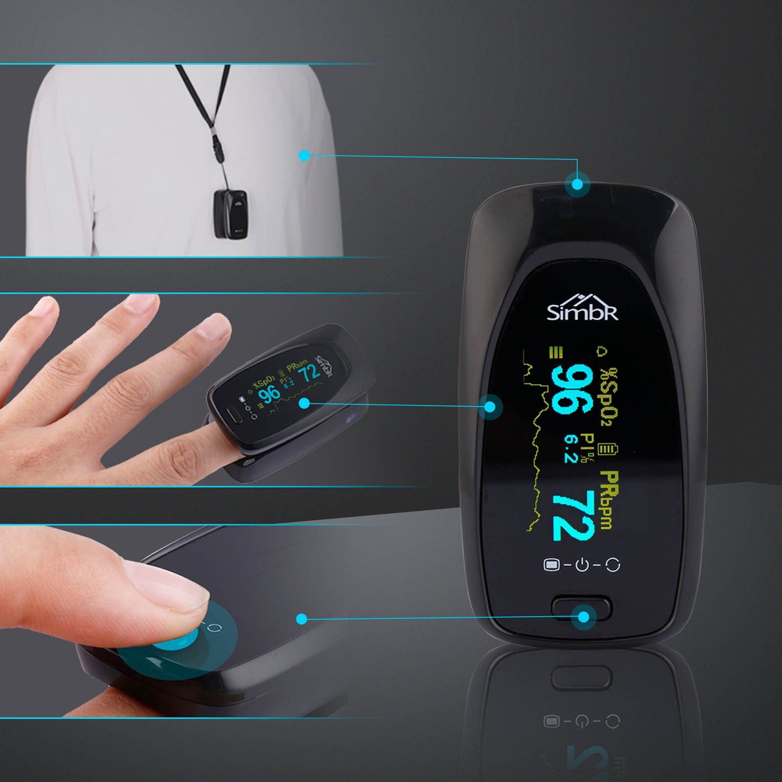HAC24 Pulsoximeter Pulsoxymeter Finger Puls Messgerät Sauerstoff Blut SpO2, Inklusive Trageschlaufe, Tasche und Batterien