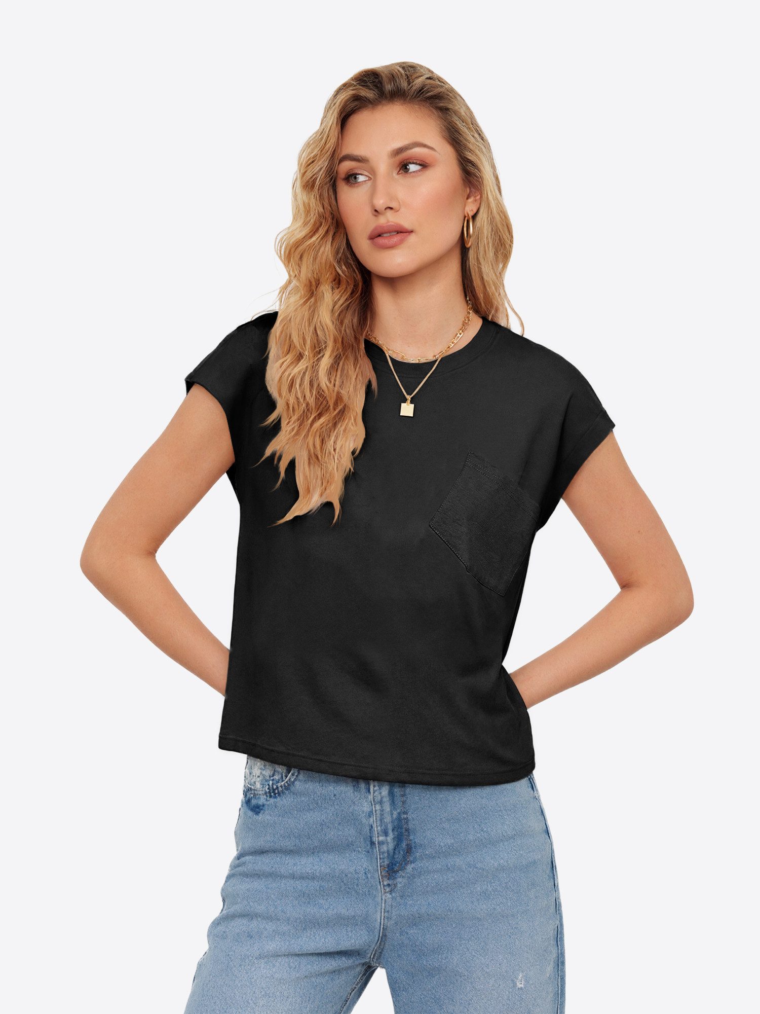 T-Shirt Damen weit geschnitten Bluse mit Brusttasche