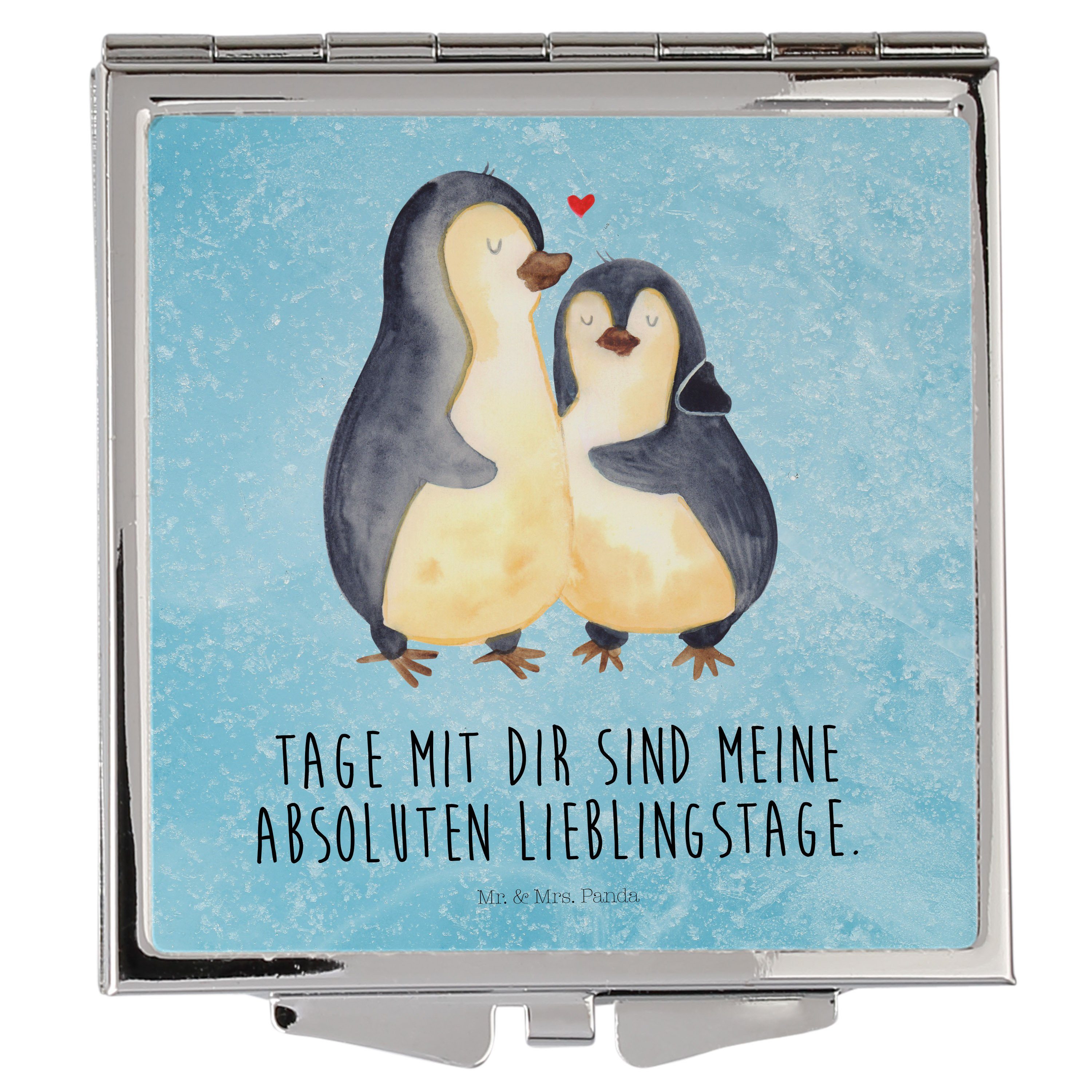 Mr. & Mrs. Panda Kosmetikspiegel Pinguin umarmen - Eisblau - Geschenk, Liebe, Quadrat, Schminkspiegel, (1-St), Magisch verziert