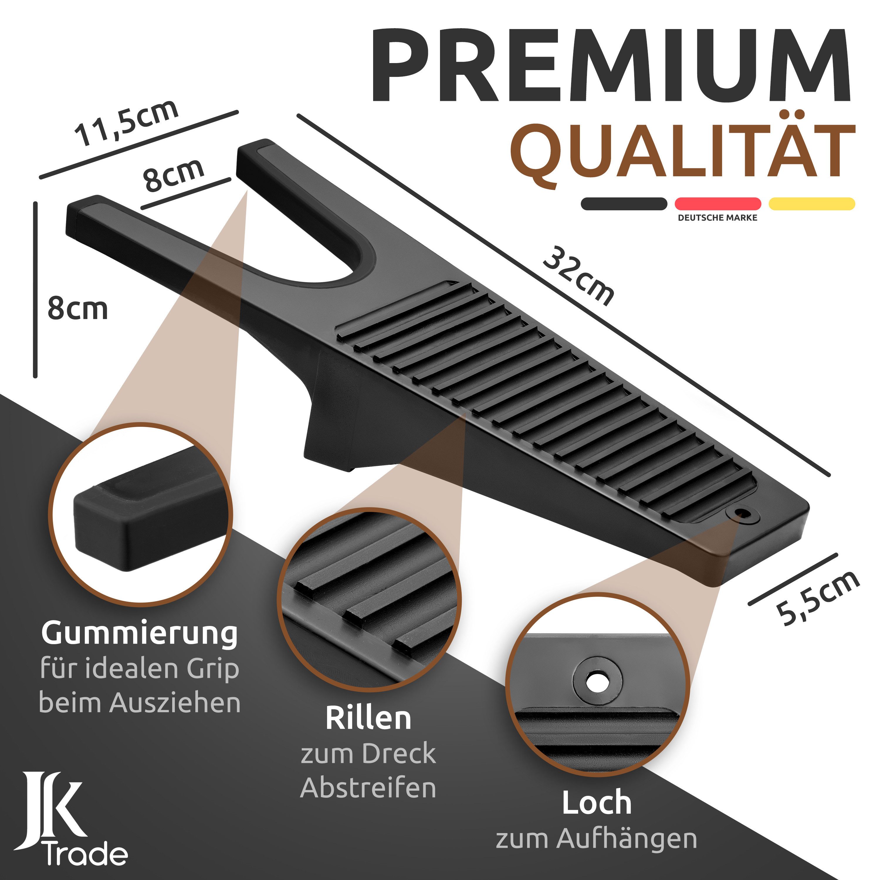 JK Trade Stiefelknecht für jedes Schuhwerk, stabiler Schuhabstreifer (1-tlg., mit Fersenschutz & Gummierung), Schuh- & Stiefelauszieher wetterfest, mit Schmutzrillen