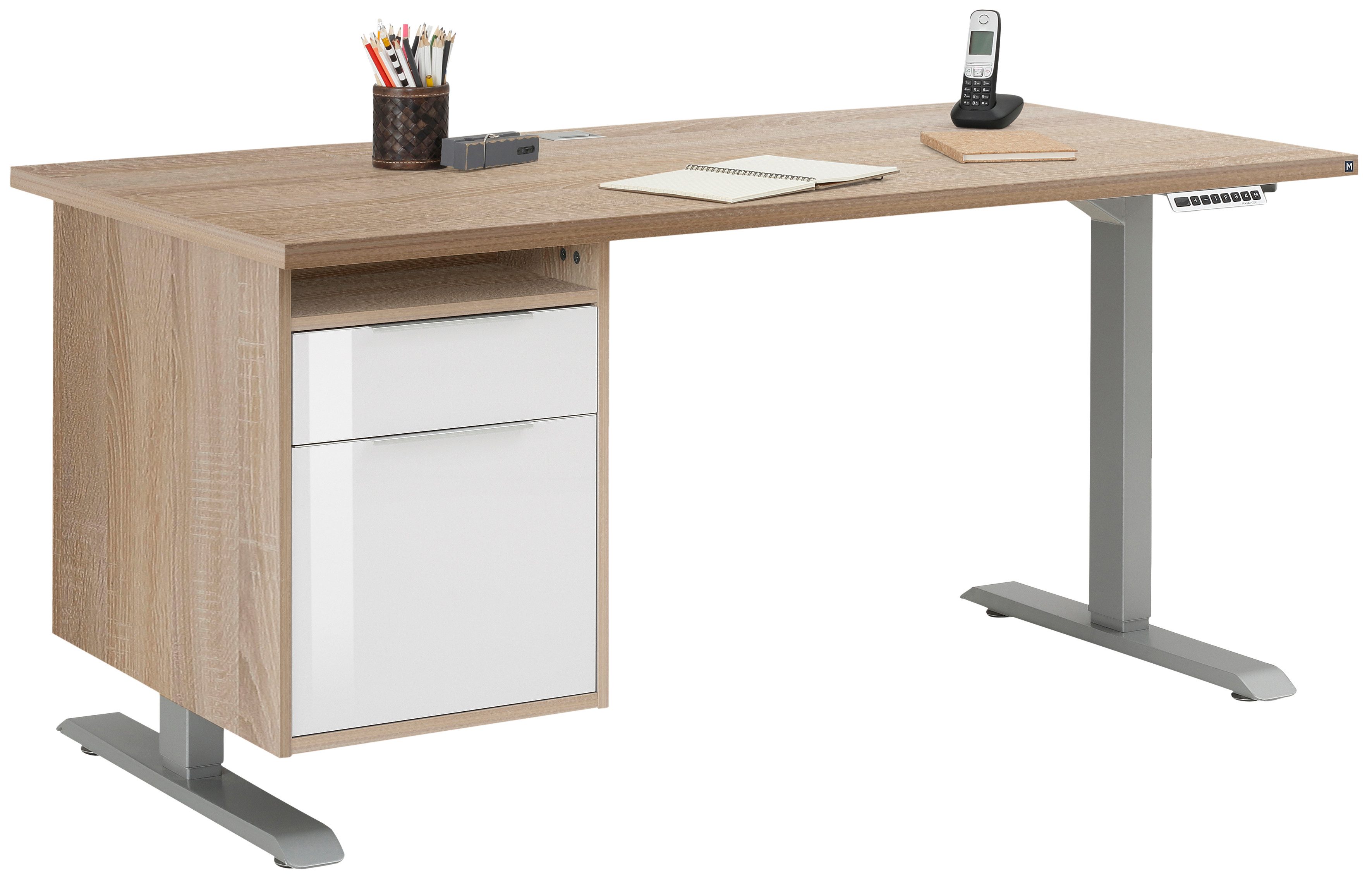 Maja Möbel Schreibtisch Schreibtisch mit Hängecontainer Platingrau, Eiche Sonoma und Weiß (Spar-Set, 1-St., 1 Tisch mit Hängecontainer), Elektrisch höhenverstellbar, mitfahrender Hängecontainer