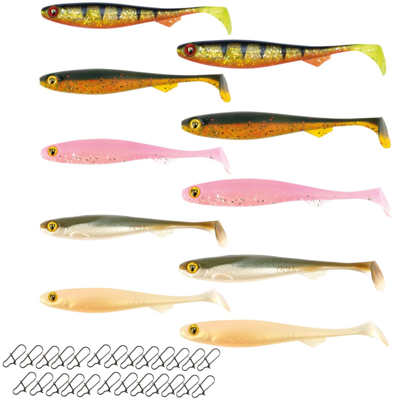 Kunstköder Neptunmaster Set - 10 Slick Shad UV Gummifische 7cm & 9cm + 25 Snaps