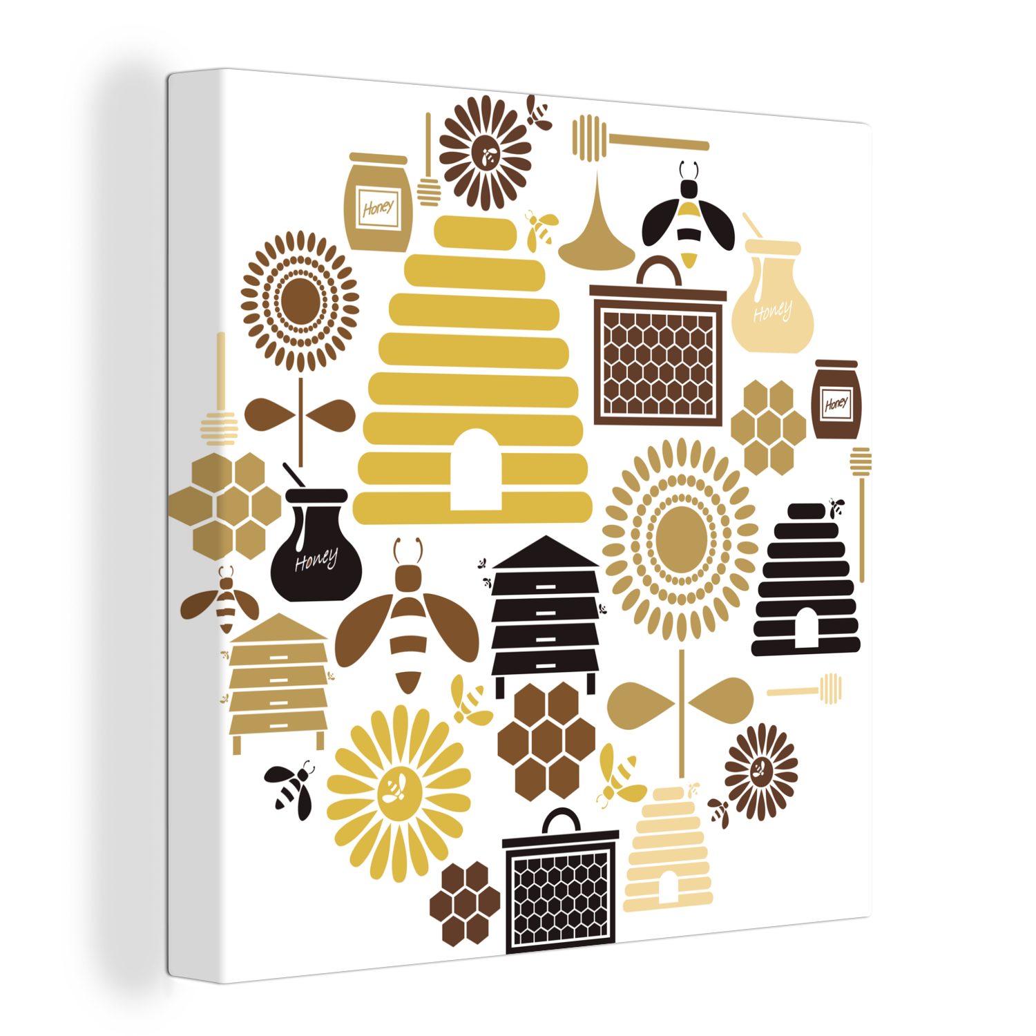 OneMillionCanvasses® Leinwandbild Eine Illustration der Piktogramme von Bienen, (1 St), Leinwand Bilder für Wohnzimmer Schlafzimmer