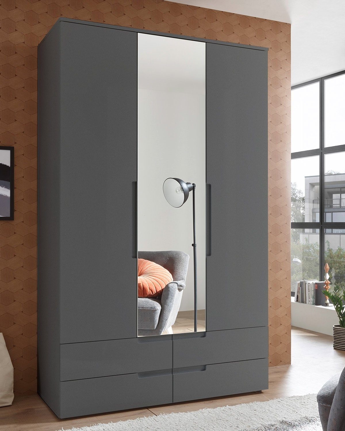 Pol-Power Drehtürenschrank SPICE, Graphit matt Dekor, 2 Türen, 1 Spiegeltür, 4 Schubladen, B 126 x H 208 x T 57 cm