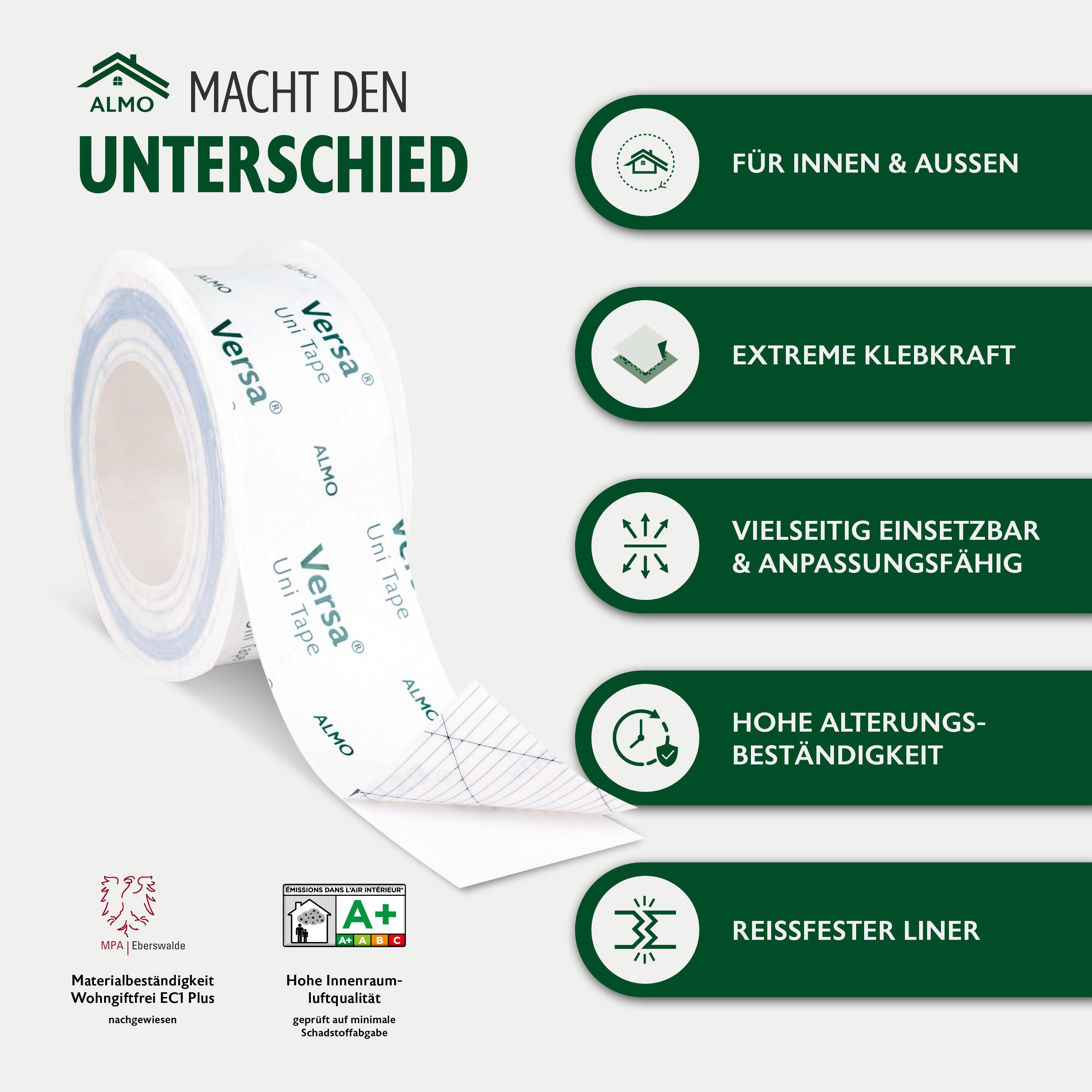 ALMO Dampfsperrklebeband Versa Tape 60 Klebeband für Dampfbremsen & Unterspannbahnen (25m x 60mm, 4-St., Reißfester Liner, Innen & Außen) Für luft- und winddichte Verklebungen von Anschlüssen & Überlappungen