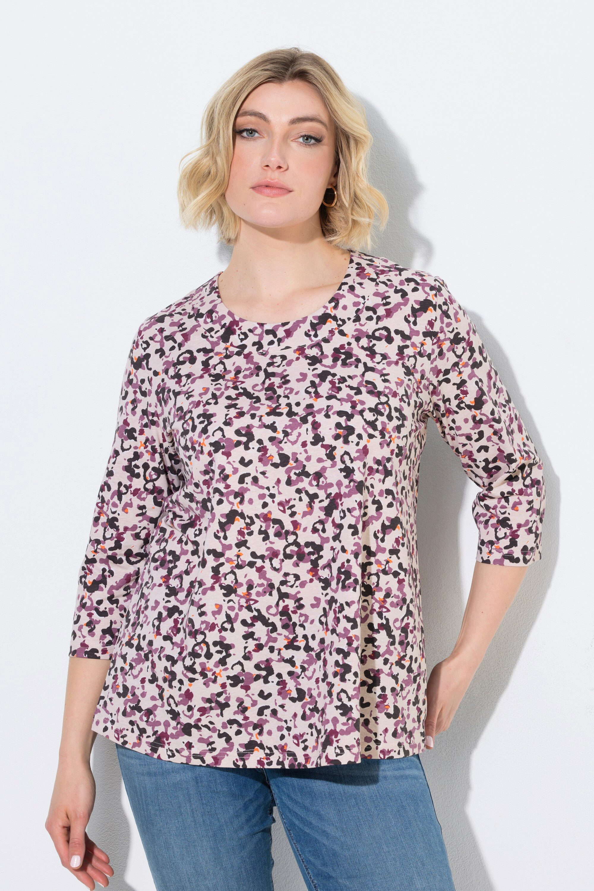 Ulla Popken T-Shirt Shirt Leomuster A-Linie Rundhals 3/4-Arm