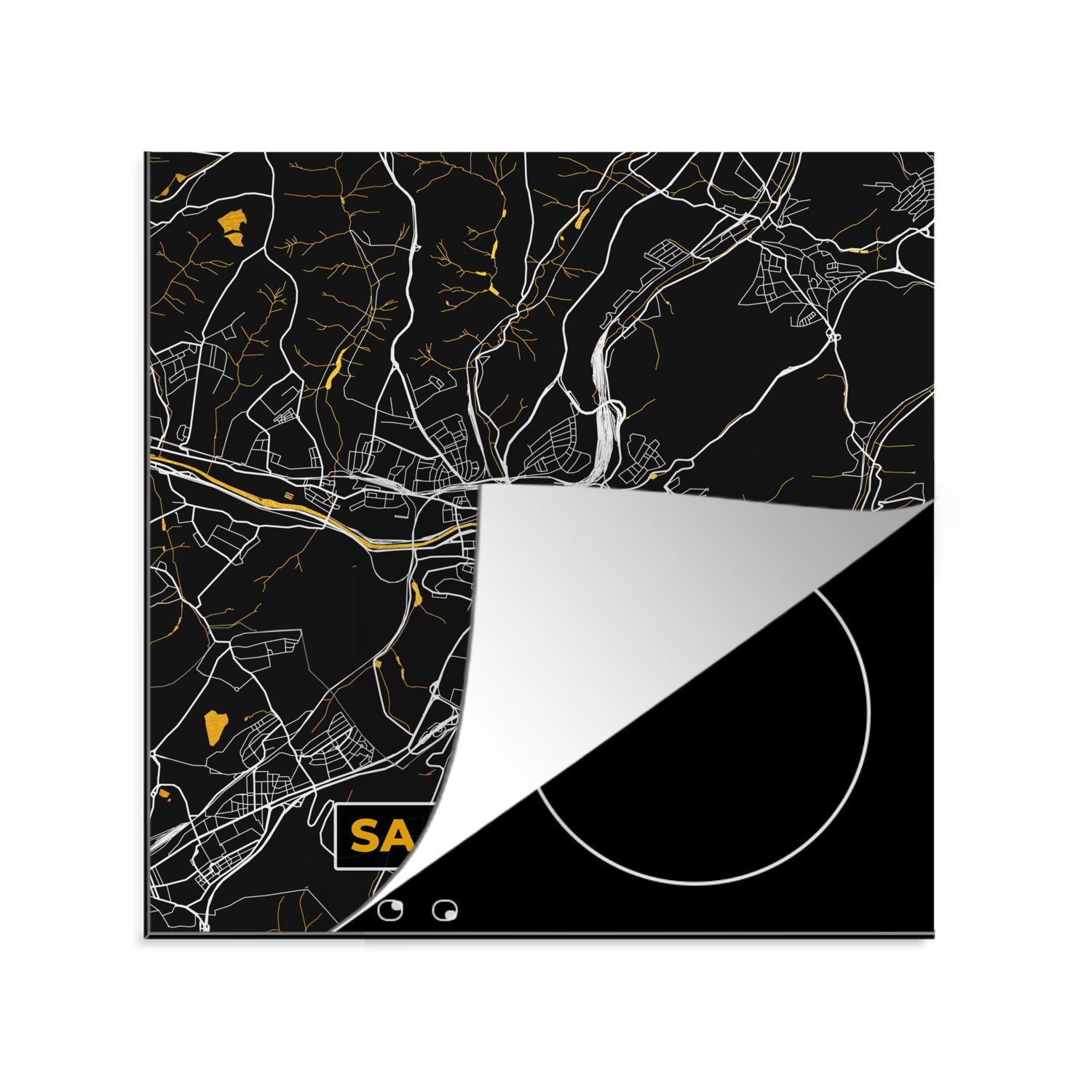 MuchoWow Herdblende-/Abdeckplatte Schwarz und Gold - Stadtplan - Saarbrücken - Deutschland - Karte, Vinyl, (1 tlg), 78x78 cm, Ceranfeldabdeckung, Arbeitsplatte für küche | Herdabdeckplatten