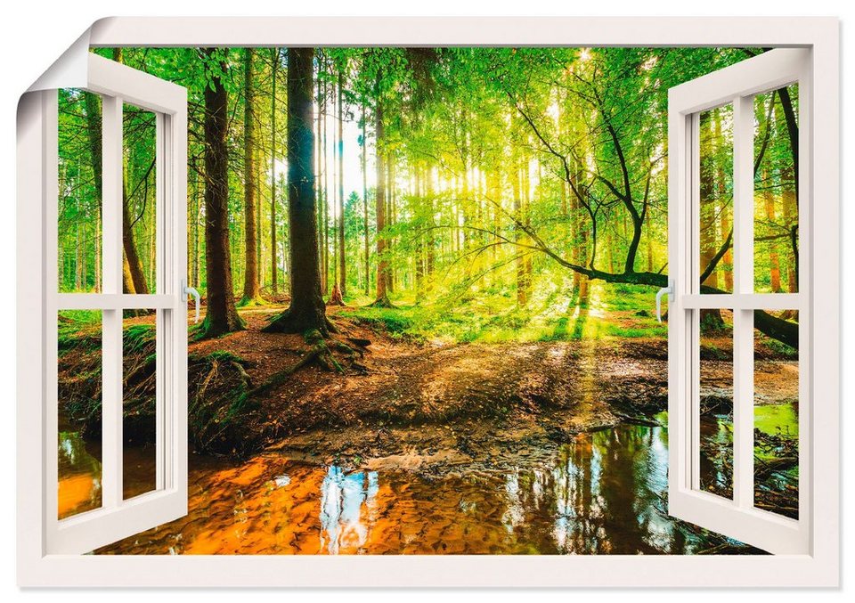 Artland Wandbild Fensterblick - Wald mit Bach, Wald (1 St), als Leinwandbild,  Wandaufkleber oder Poster in versch. Größen, Verschiedene Größen &  Produktarten