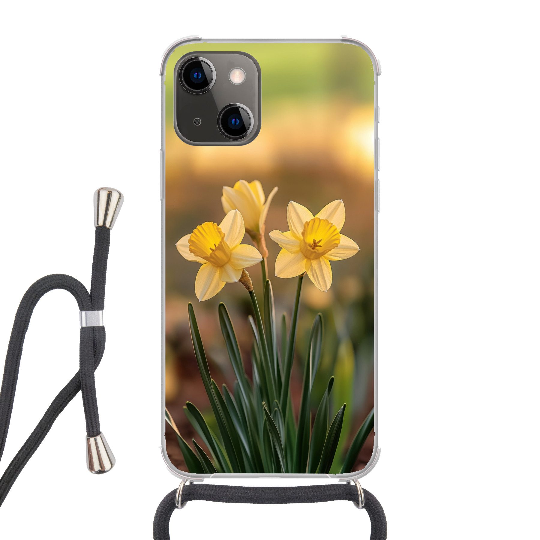 MuchoWow Handyhülle für Apple iPhone 13 Blumen - Gelb - Unscharf, Tragbare Handyhüllen mit Kette zum umhängen, Handykette Handyband