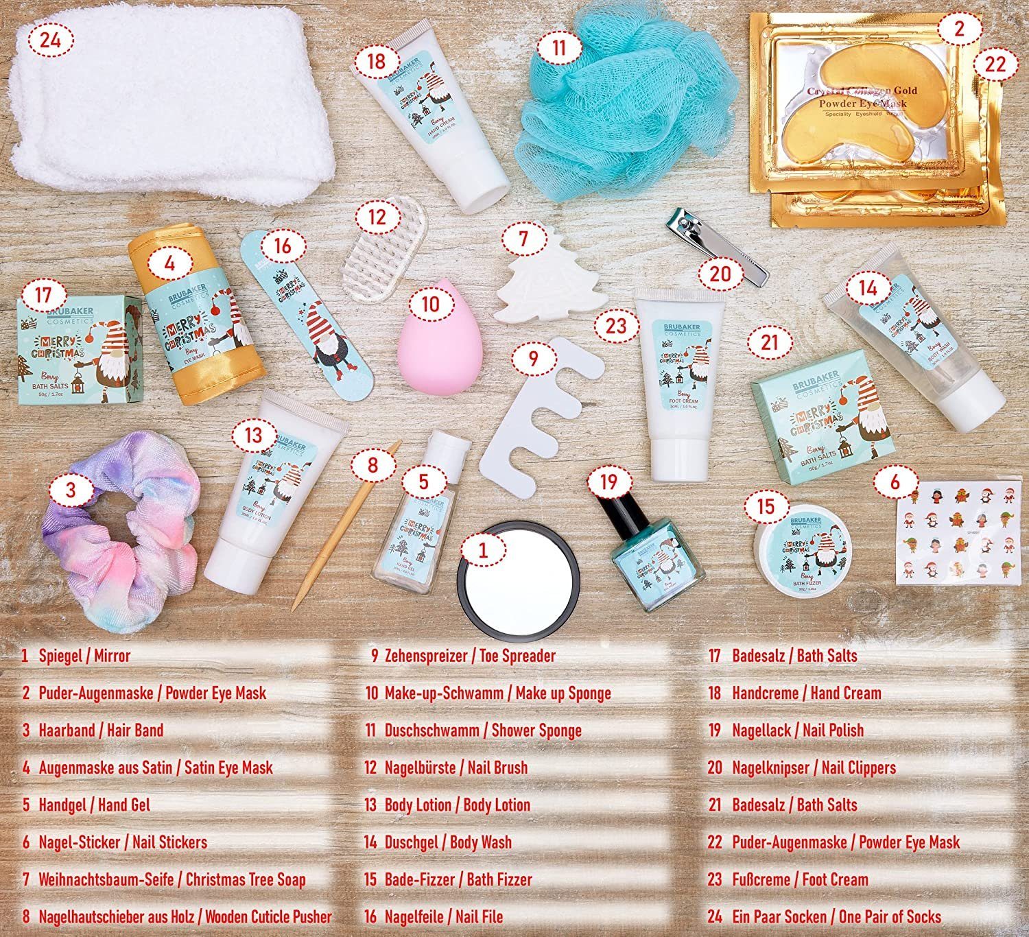 BRUBAKER Adventskalender XXL Beauty Weihnachtskalender - Wichtel Zwerge - Körperpflege (Pflege Produkte & Spa Accessoires, 24-tlg), Gnom Wellness Kalender Weihnachten für Frauen und Mädchen - Mint Blau