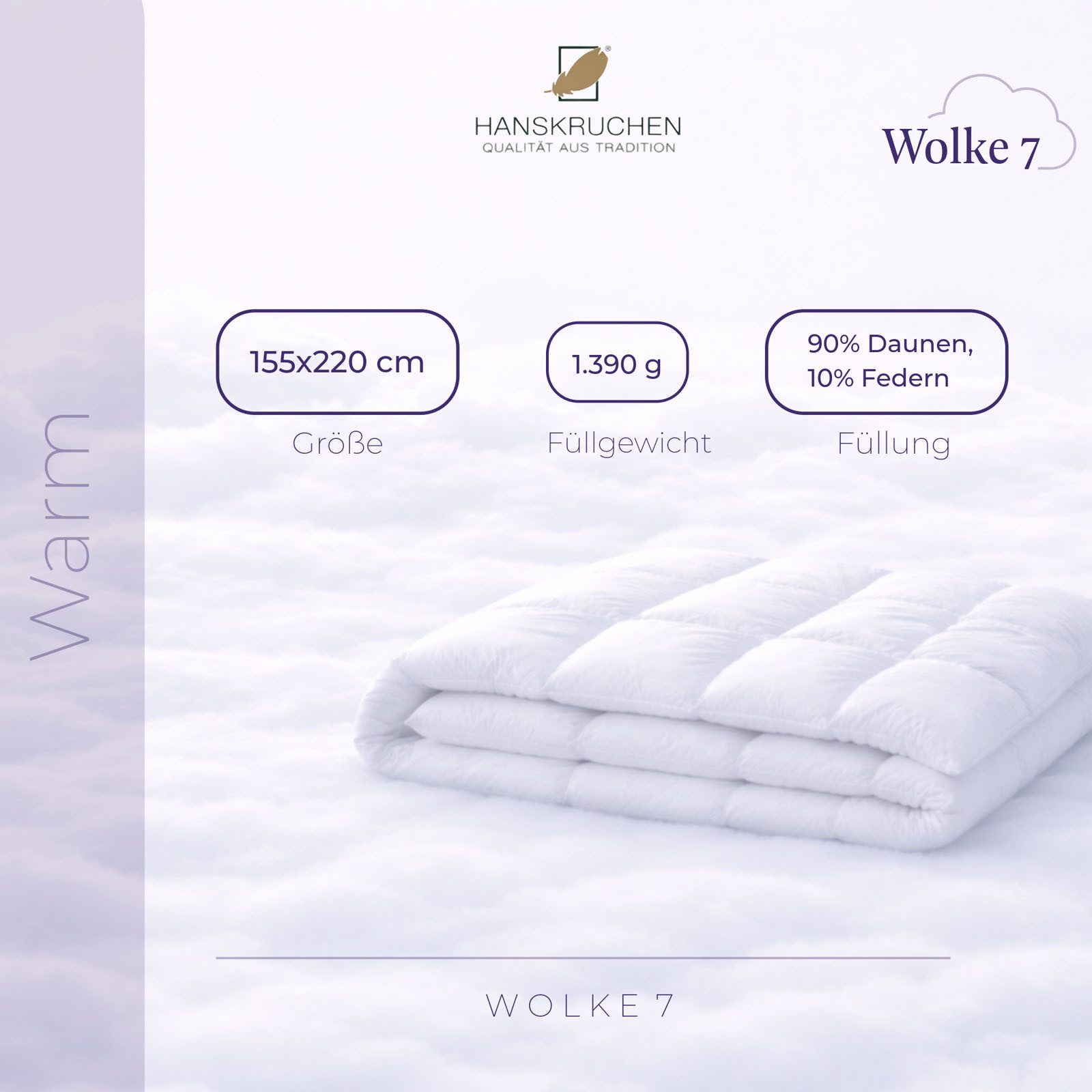 HANSKRUCHEN Daunenbettdecke Hanskruchen Daunendecke Wolke 7 Warm 155 x 220 cm, Bezug: 100% Baumwolle