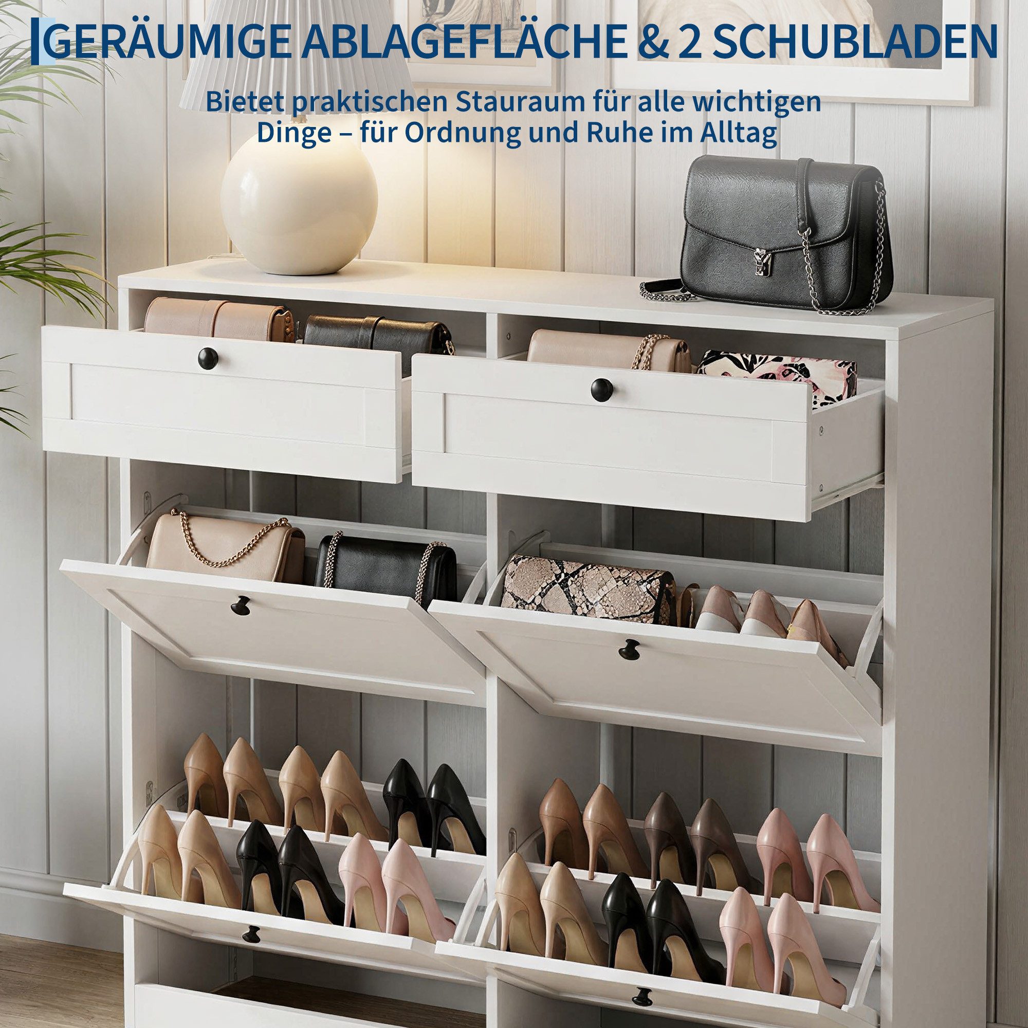 GarveeMore Schuhschrank mit 4 Klappen und 2 Schubladen, Schuhkipper Schuhregal 100x26x100cm – Bild 5 von 5