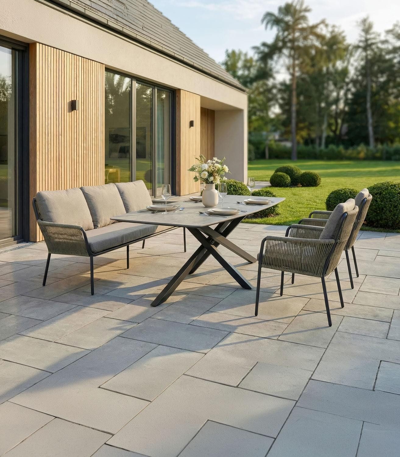 Outdoor Gartenbank COMO, Anthrazit, Beige, Grau, Aluminiumgestell, Olefin, Seilbespannung, mit Kissen, B 198 x H 86 x T 59 cm