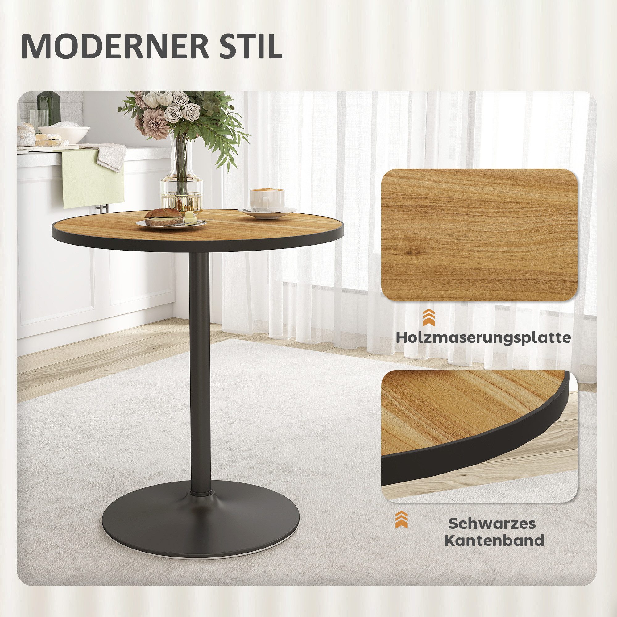 HOMCOM Esstisch Runder Esszimmertisch für 2–4 Personen (moderner Küchentisch mit Platte in Holzoptik, 1-St., für Esszimmer, Wohnzimmer), 70 x 70 x 76 cm, Eiche – Bild 5 von 5