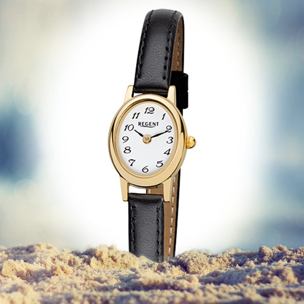 Analog, klein Regent Damen Damen-Armbanduhr (ca. Armbanduhr 18x21mm), Regent oval, Quarzuhr schwarz Lederarmband