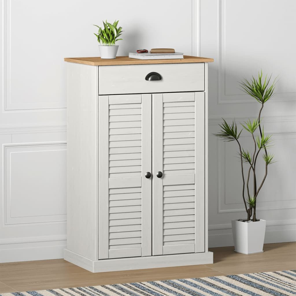 furnicato Schuhschrank Massivholz 60 x 35 x 96 cm Weiß (1-St) Schuhregal mit Jalousie-Design, Schublade und Metallgriffen