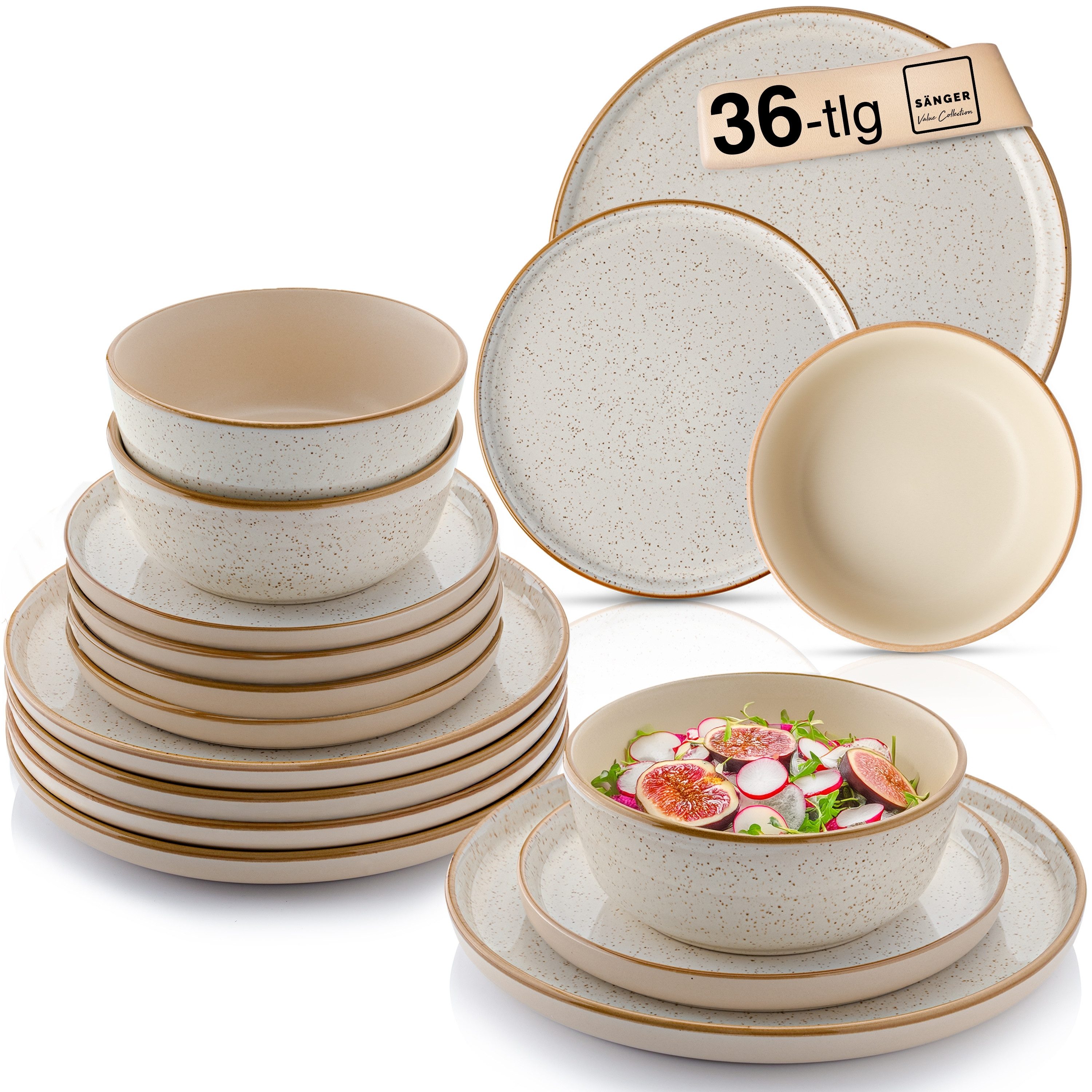 SÄNGER Tafelservice Rio Geschirrset (36-tlg), 12 Personen, Steingut, Handmade, Creme Beige, Erweiterbar, VALUE COLLECTION