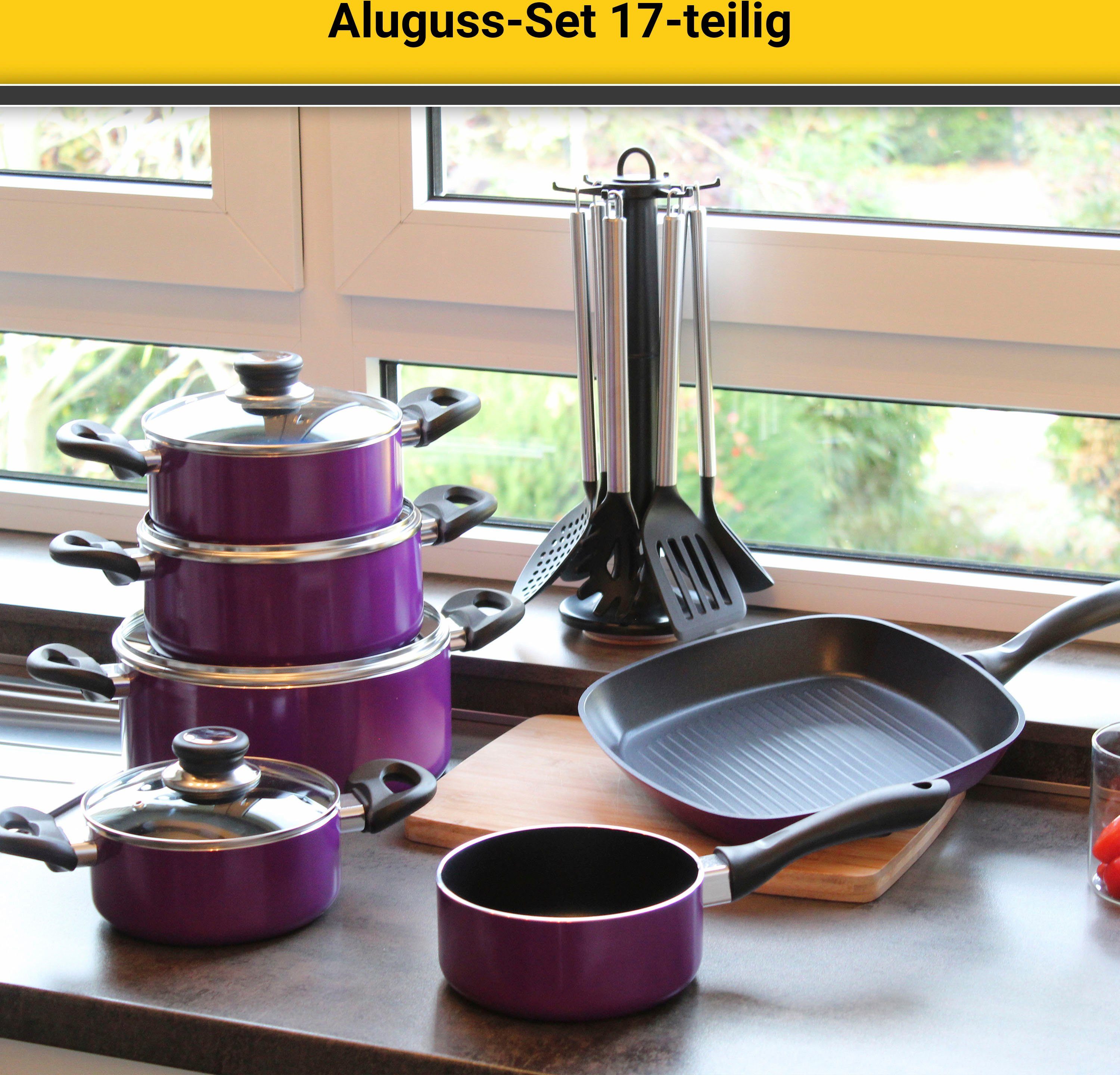 Krüger Topf-Set Aluguss Topf- und Pfannenset inkl. praktischen Küchenhelfern, 17 tlg., Aluminiumguss (Set, 17-tlg., Fleischtopf 16/18/20/24cm, Stieltopf 16cm St – Bild 3 von 5