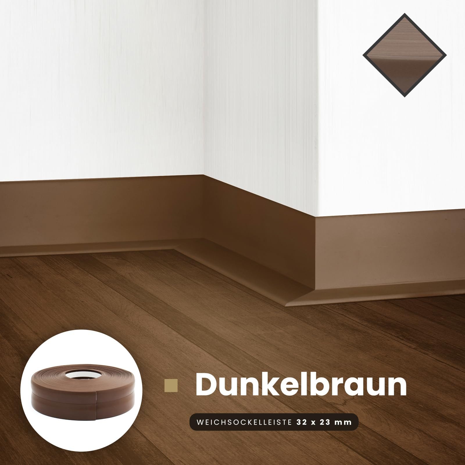 DQ-PP Sockelleiste DQ-PP WEICHSOCKELLEISTE 5m, 32x23mm, selbstklebend, Gummileiste, PVC, Sockelleiste, Abschlussleiste, Bodenleiste, Winkelprofil