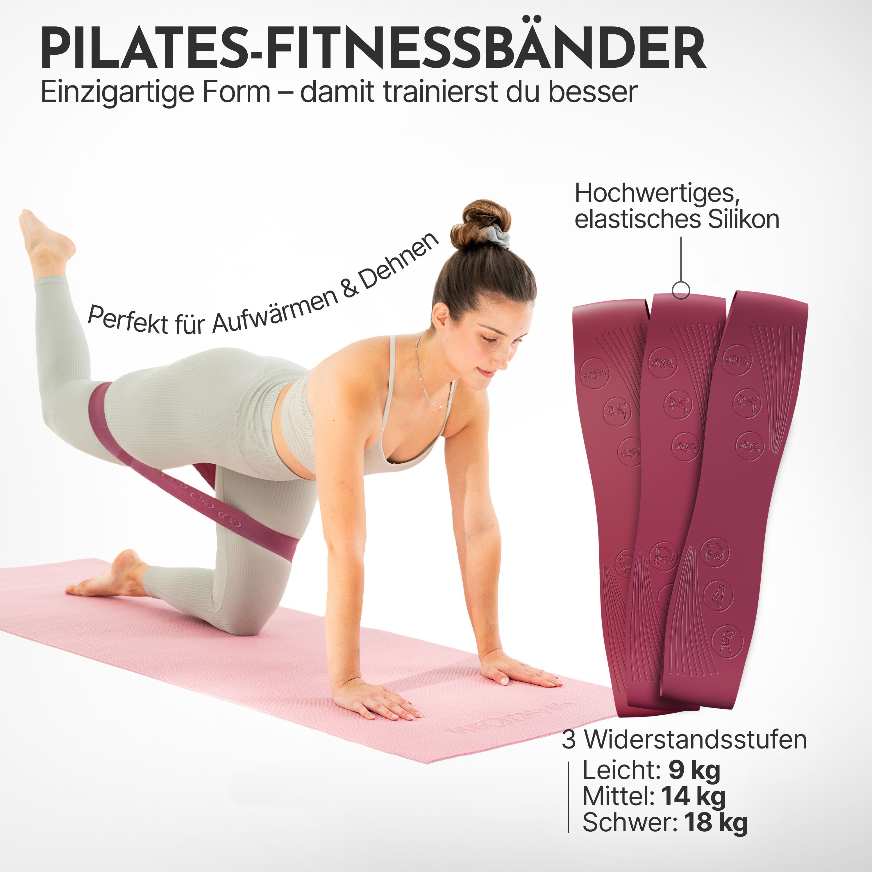 NEOLYMP Trainingsband Pilates Fitnessbänder - Resistance Bands 3er Set – 9/14/18 kg, 3 Widerstandsstufen Silikon Gymnastikband rutschfest für Pilates, Yoga