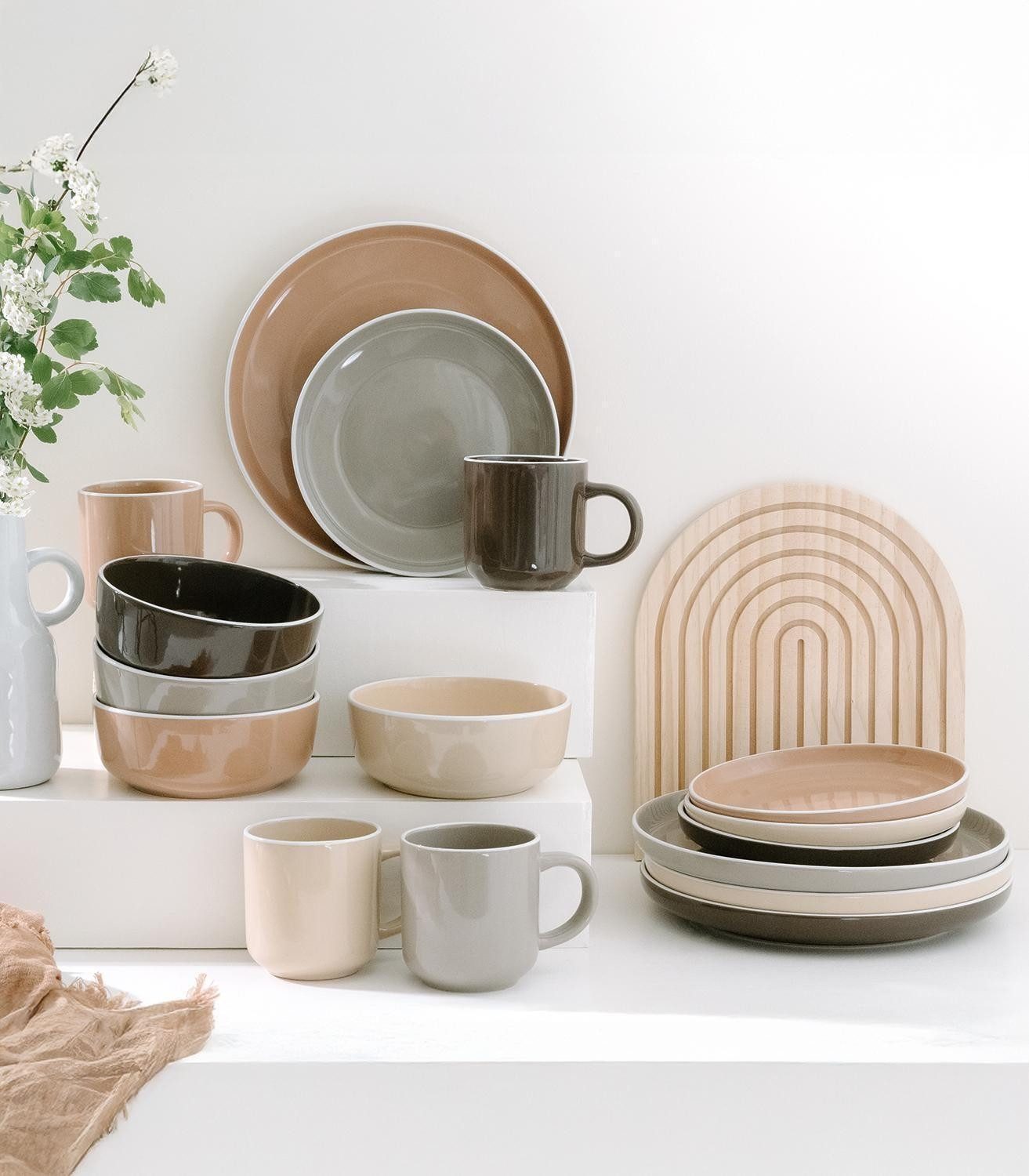 CreaTable Kombiservice NORDIC MOCHA MOUSSE, verschiedene Brauntöne, (16-tlg), 4 Personen, Steinzeug, spülmaschinen- und mikrowellengeeignet