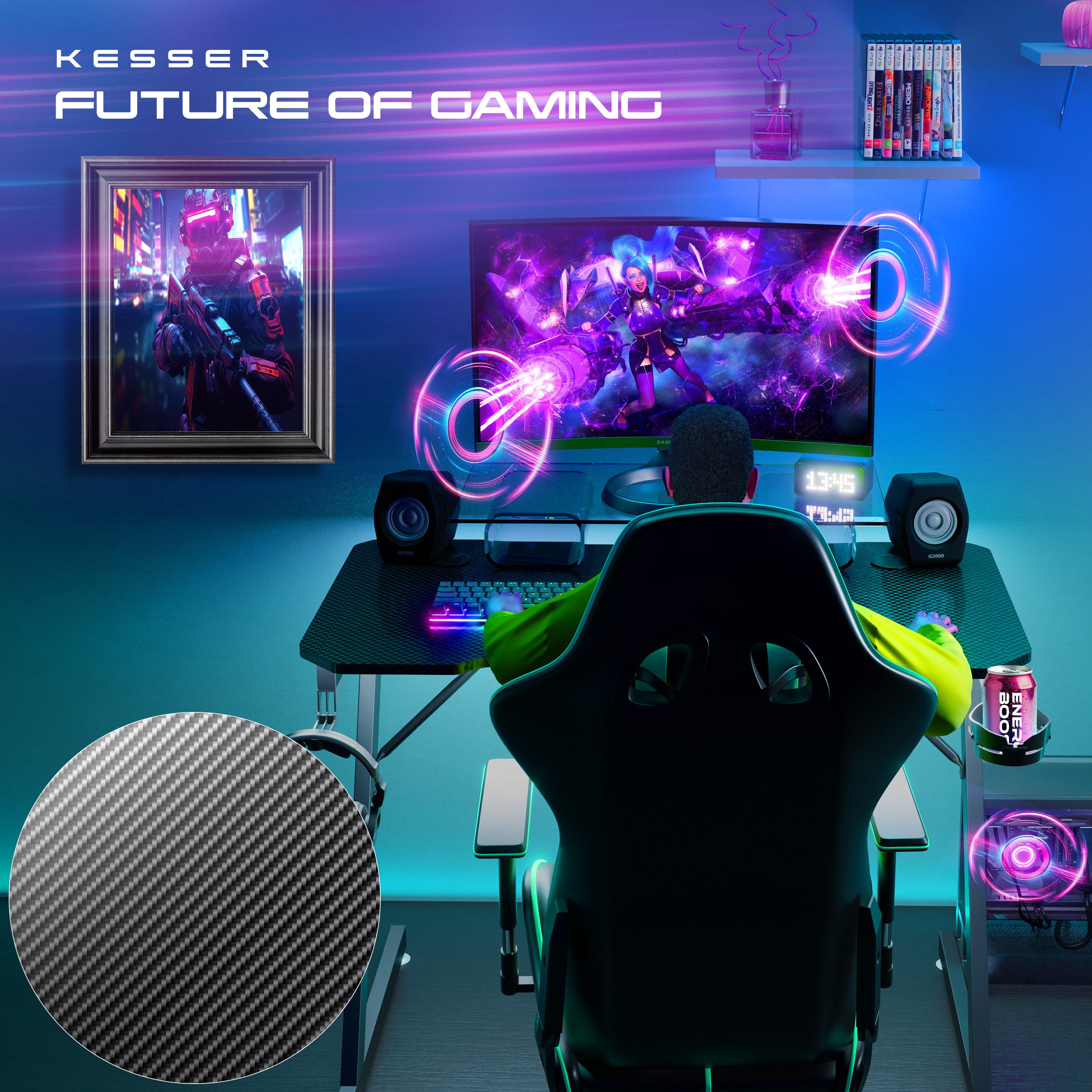 KESSER Gamingtisch, Gaming Schreibtisch mit Getränkehalter Ergonomischer Gamer Tisch
