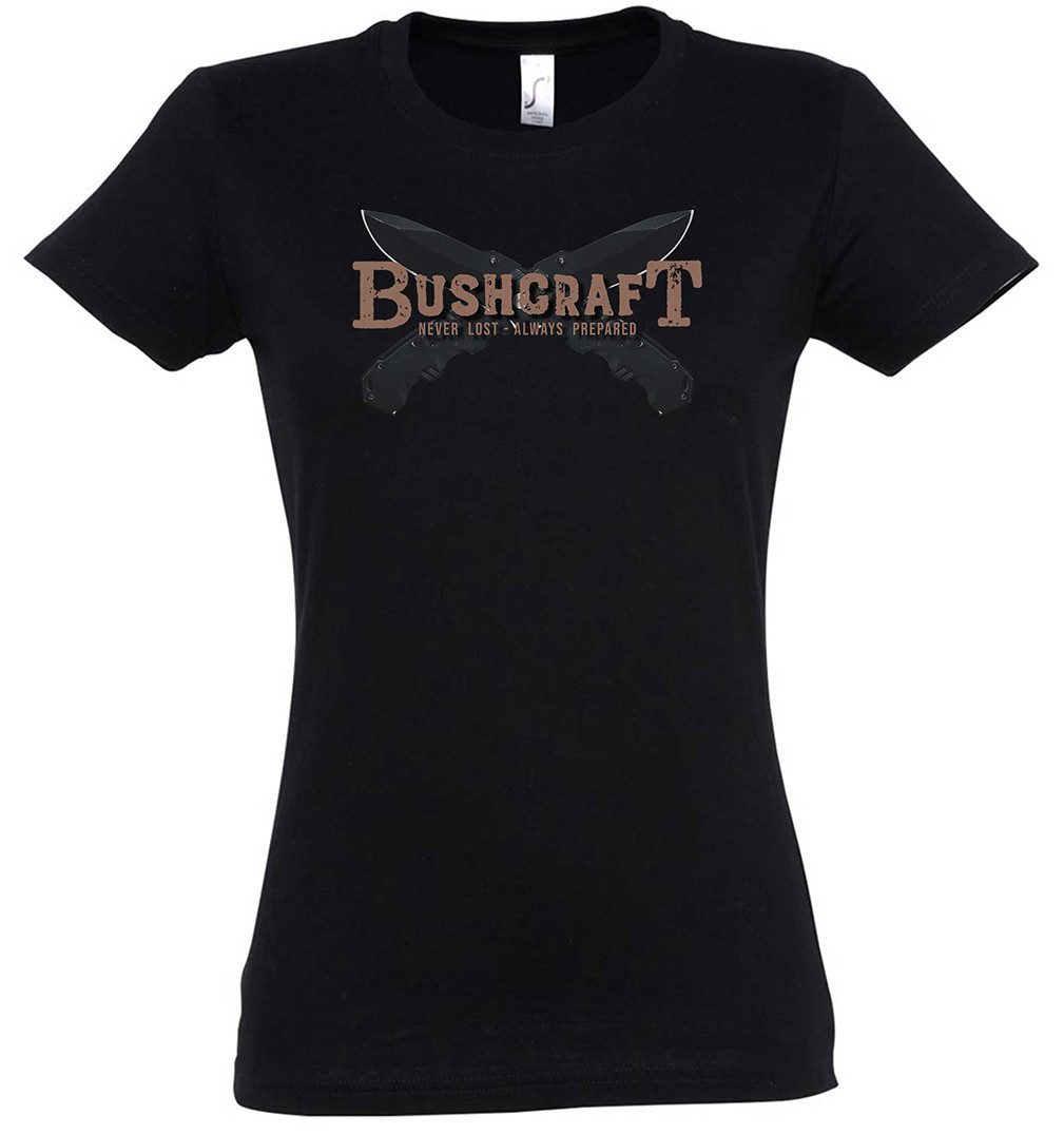 Urban Backwoods Print-Shirt Bushcraft Knives Damen T-Shirt Bushcrafting Prepper Zelten Zelt (1-tlg) Lagerfeuer Pfadfinder Natur Bonfire