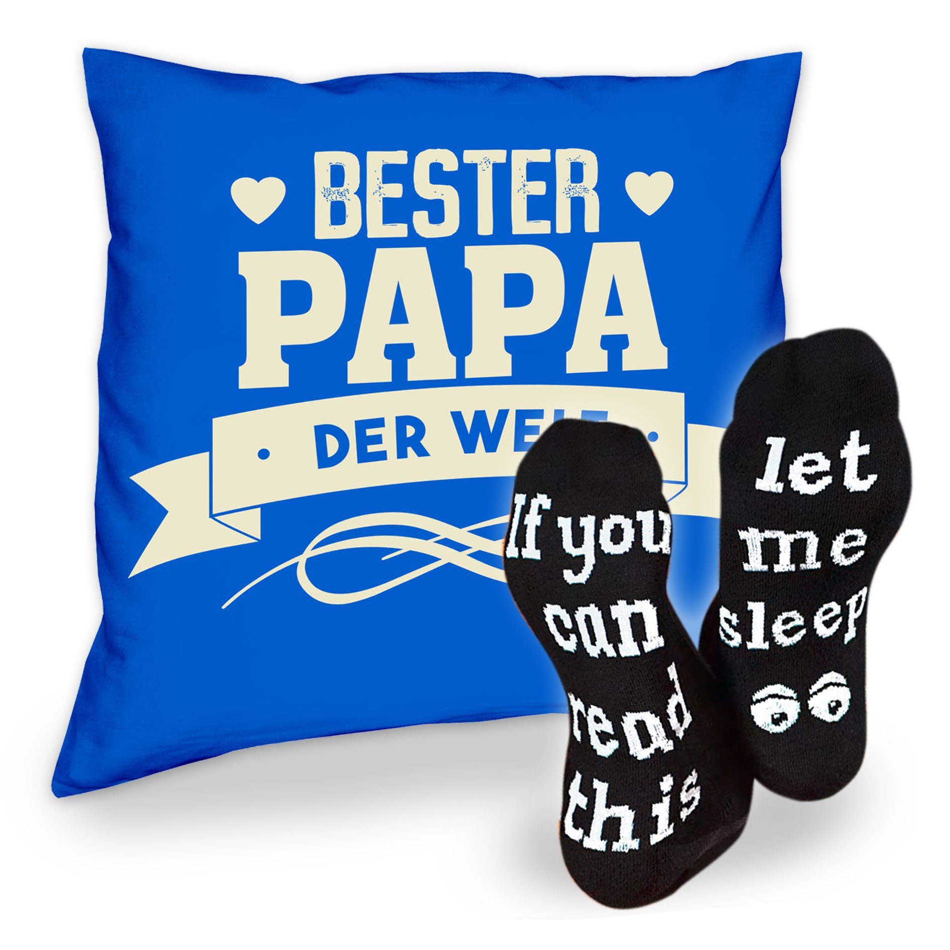 Soreso® Dekokissen Kissen Bester Papa der Welt & Sprüche Socken Sleep, Vatertagsgeschenk Papa Männer royal-blau | Dekokissen