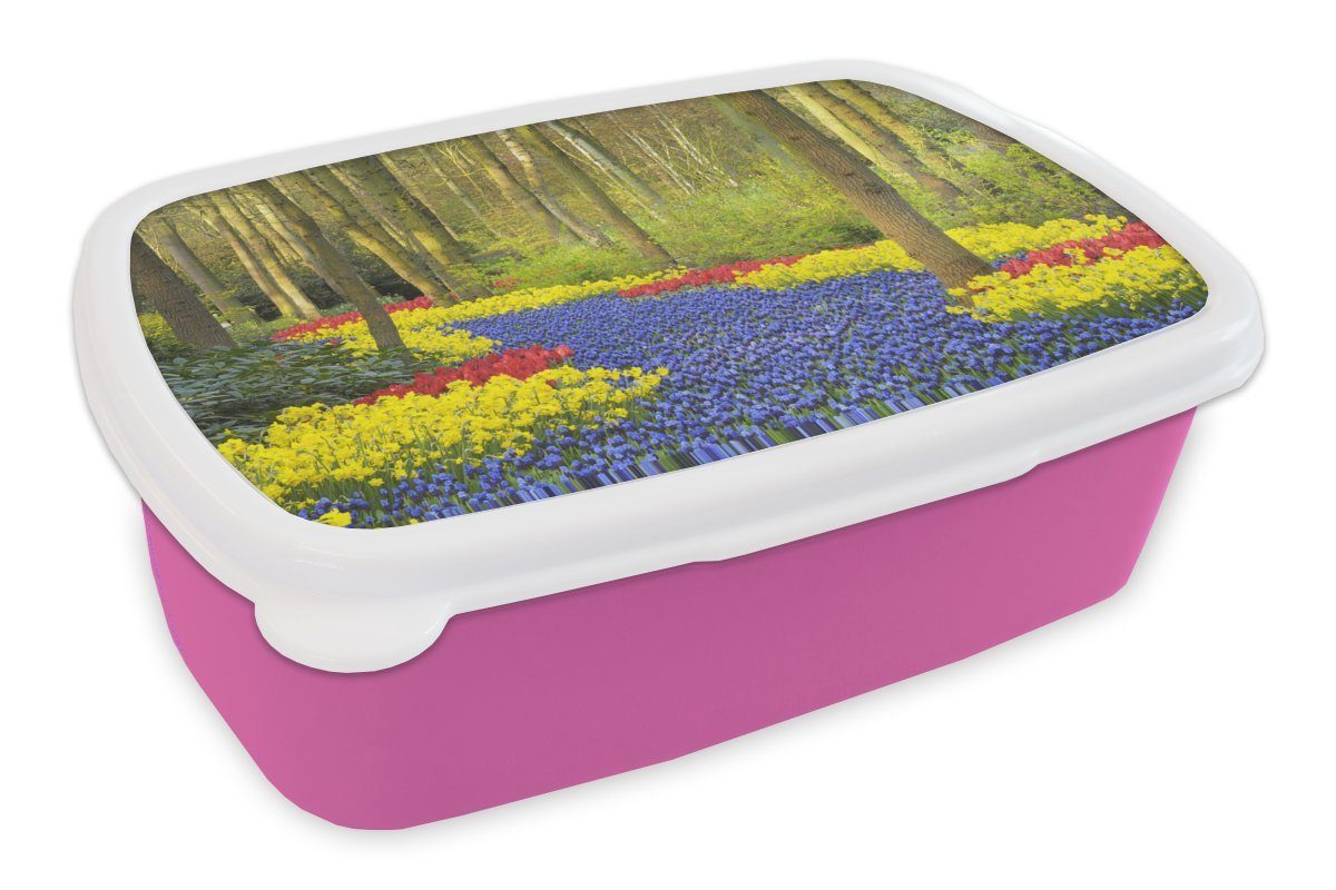 Mädchen, Brotbox Erwachsene, Kinder, rosa dem Kunststoff, Snackbox, Kunststoff Keukenhof, MuchoWow auf Lunchbox für Tulpenzwiebelspaziergang (2-tlg), Brotdose