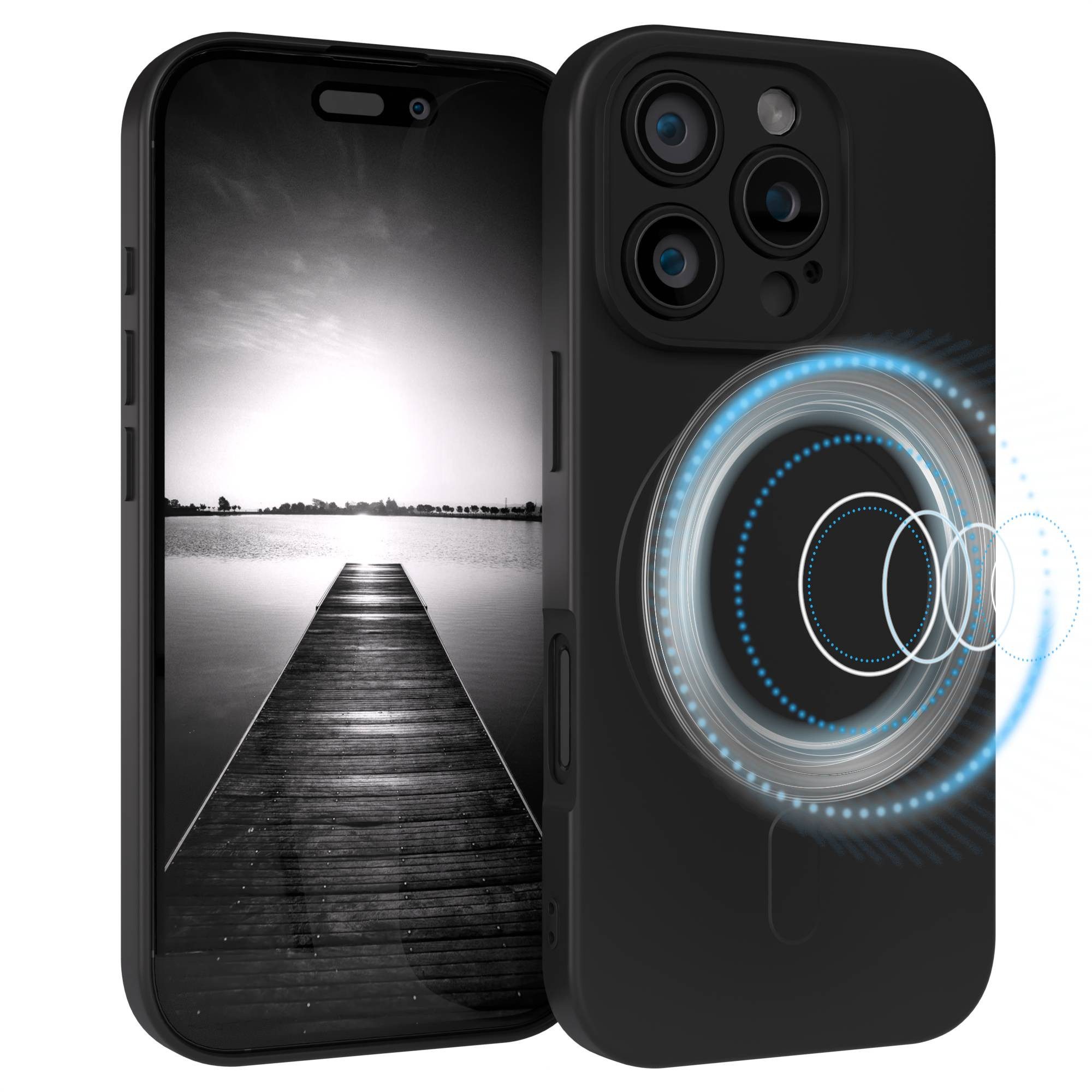 EAZY CASE Handyhülle für Apple iPhone 16 Pro Hülle Silikon 6,3 Zoll, Schutzhülle mit MagSafe kratzfest Back Cover Kameraschutz Schwarz