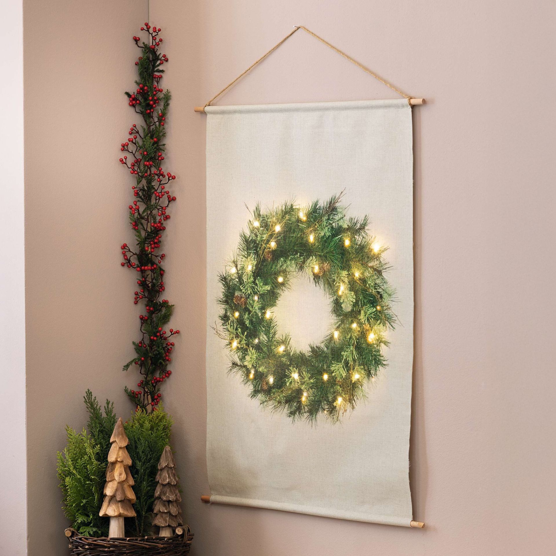 Frank Flechtwaren Wandbild "Weihnachtskranz" LED Wanddeko aus Textil Stoff Wandbild zum Aufhängen, Weihnachtskranz, 60x90 cm, Weihnachtsdeko mit integrierter Beleuchtung